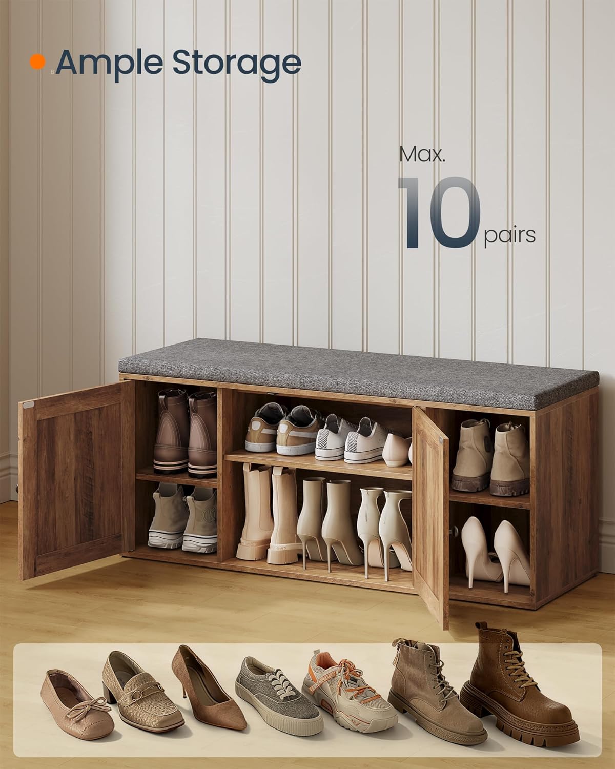 SONGMICS Home Shoe Storage Bench, Superfast Toolless Assembly, Shoe Rack Cabinet with Door & Adjustable Shelf for Entryway/Living Room, 14 x 40.2 x 17.3 Inches, Honey Brown and Slate Gray