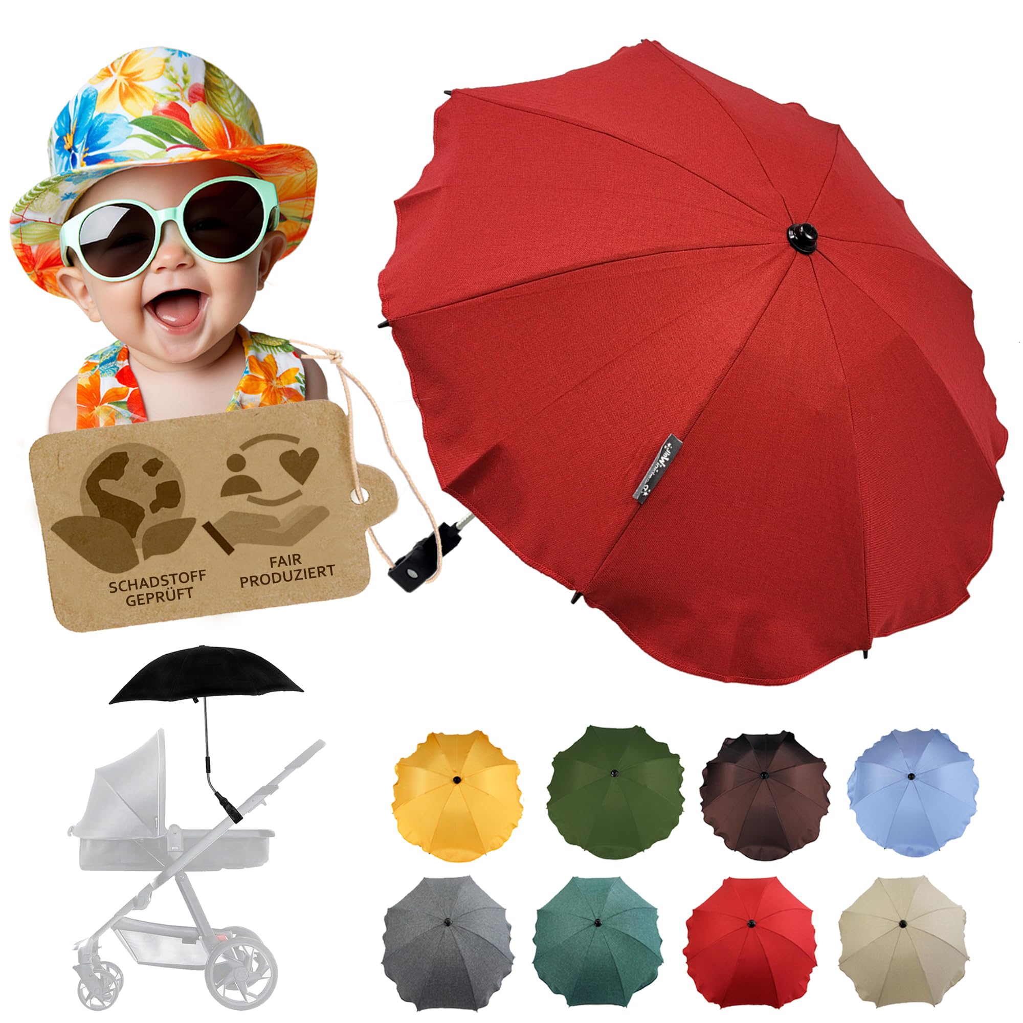 Sonnenschutz universal [Sonnenschirm für Kinderwagen] Buggy UV Schutz 50+ mit Universalhalterung biegsamer Schirm für Rund- und Ovalrohre verstellbar (meliert rot)