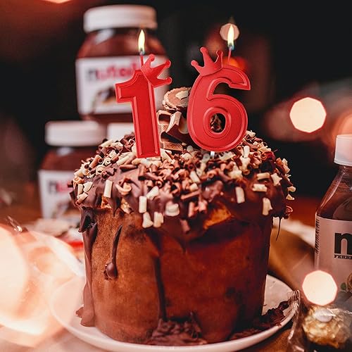 Miniatura 5 de Vela de número de cumpleaños de 3.15 pulgadas, decoración de pastel 3D roja con corona de números de pastel, velas numéricas para fiestas de