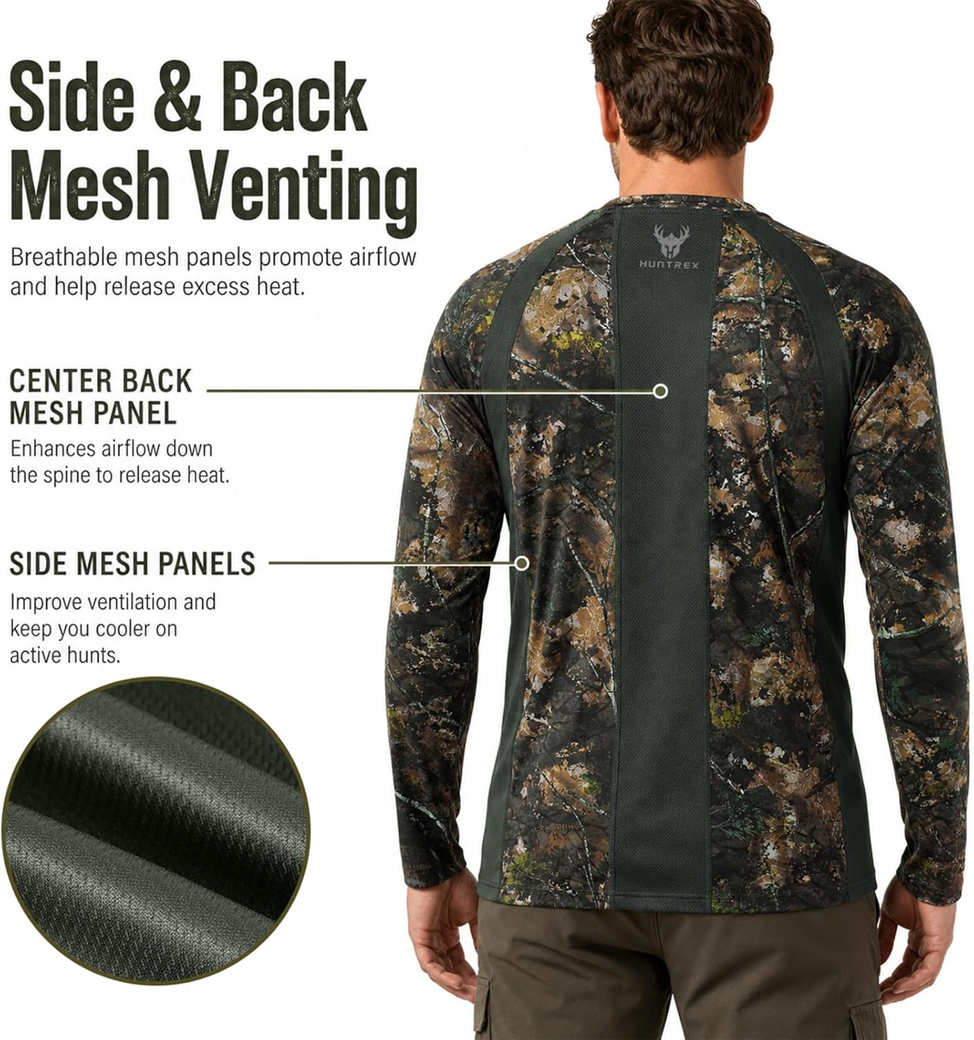Men’s Camo Hunting Shirt UPF 50+ Sun Protection Lightweight Quick Dry Long Sleeve Camouflage Shirt Mesh Panels & Thumb Loops