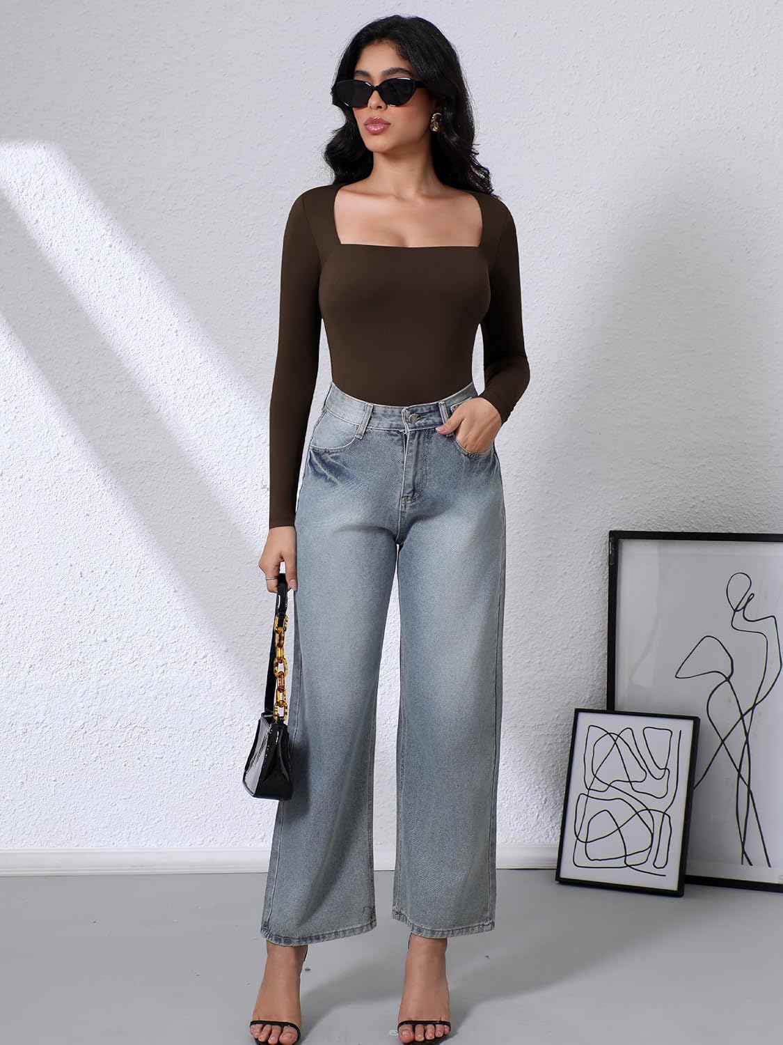 Laughido Women's Square Neck Long Sleeve Fitted Bodysuit Double Lined Fall Basic Trendy Tee Shirt Tops - Image 6