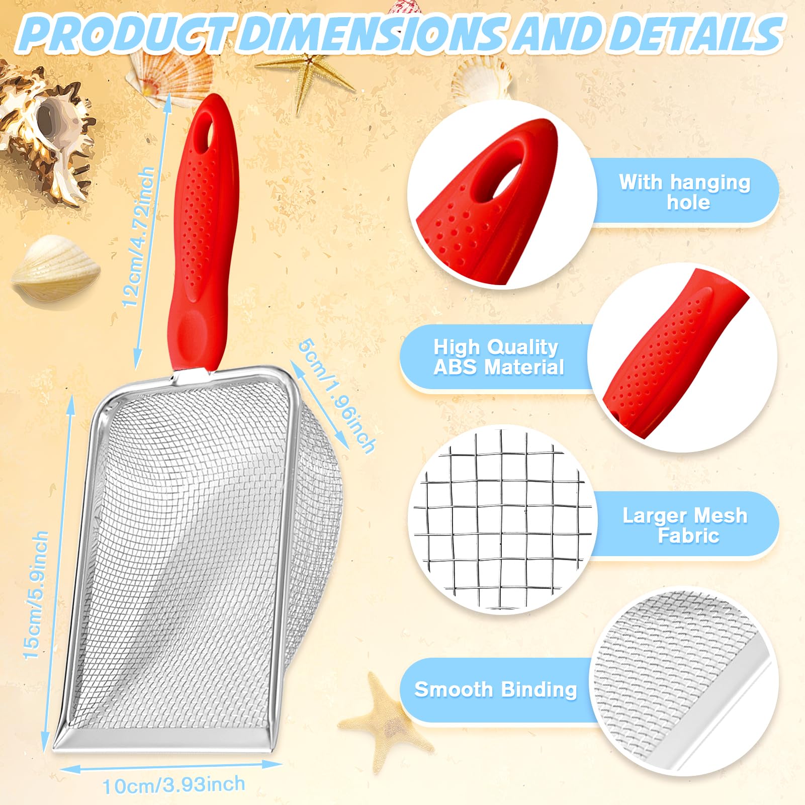 PLACHIDAY Beach Mesh Shovel,Sand Sifter Tool for Shell Collecting with Durable Mesh Net - Kids Sand Scoop for Picking Up Shells - Beach Toys (Red)