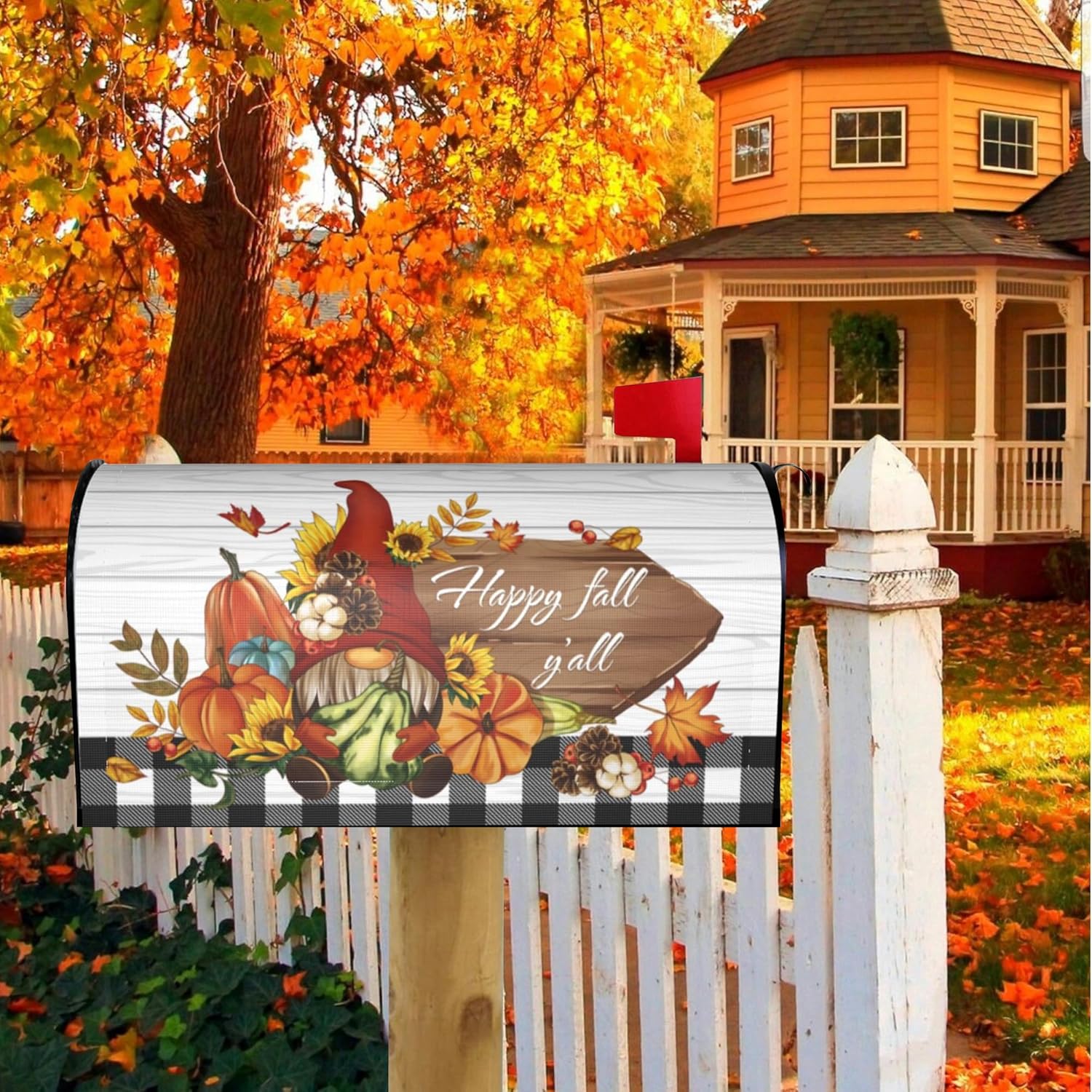Fall Mailbox Cover, Gnome Magnetic Waterproof Post Box Cover, 18" X 21", Pumpkin Maple Wrap, Autumn Garden Yard Outdoor Decor, Standard Size