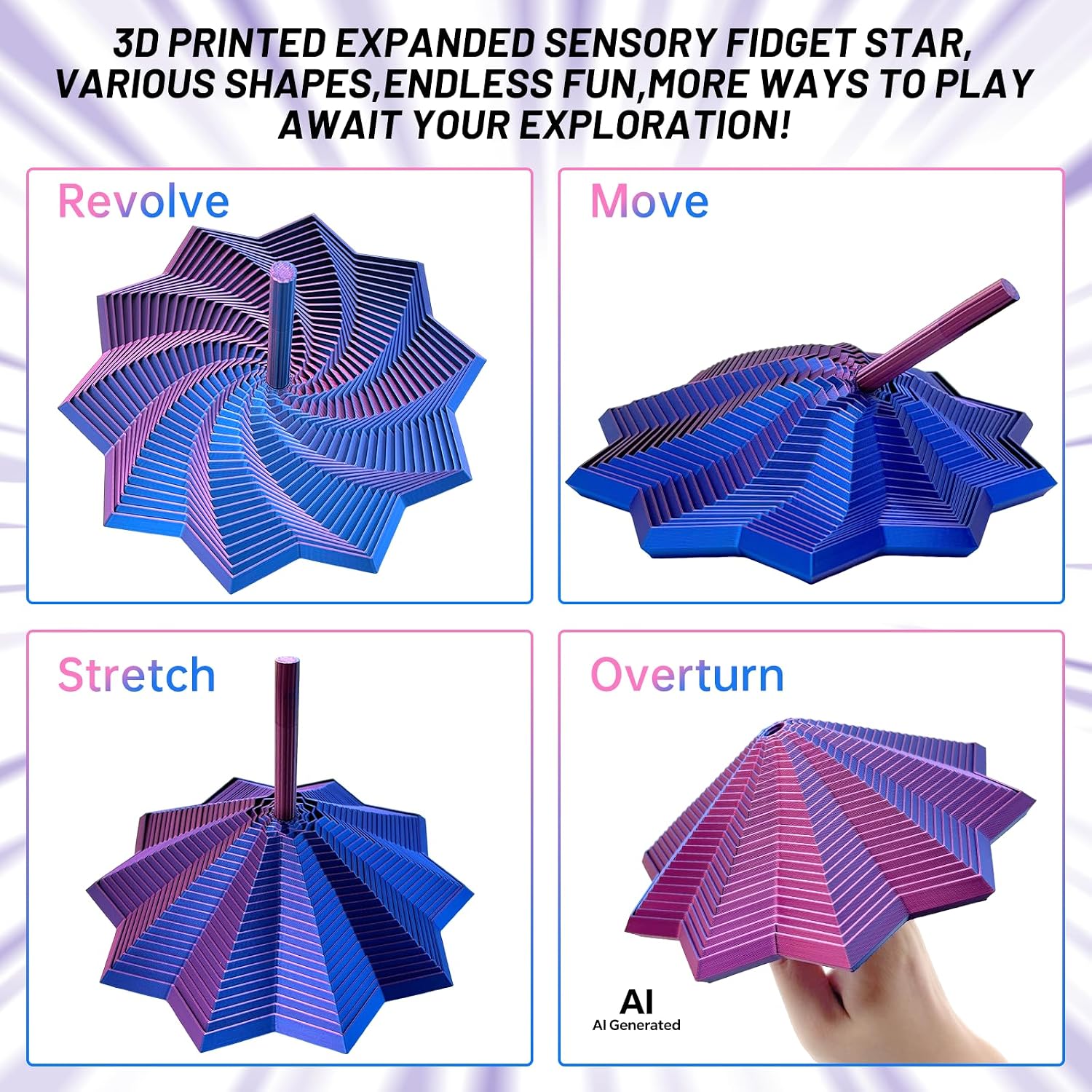 3D Printed Expanded Sensory Fidget Star,with Handles(Purple-Blue,25rings) | Stress-Relief Spinning Tower Toy,Sensory Toys for Adults & Teens,Honeycomb Whirling Spiral Design for ADHD & Stress Relief