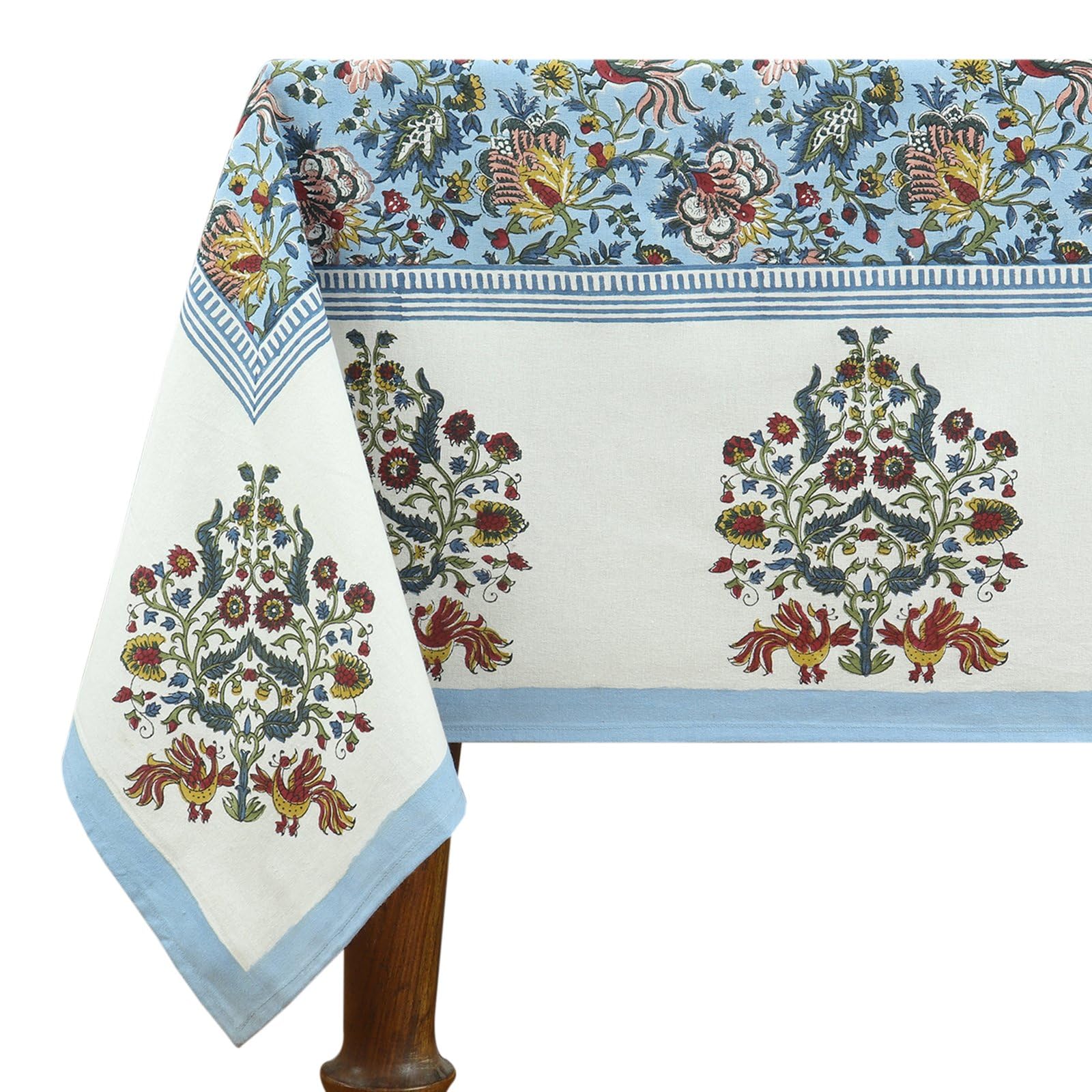 90x90 Inches Square Hand Block Printed Cotton Tablecloth, Blue White Floral Table Cloths Washable Indian Table Linen For Dinning Home Decor Summer Spring Autumn Outdoor Thanksgiving — image 1