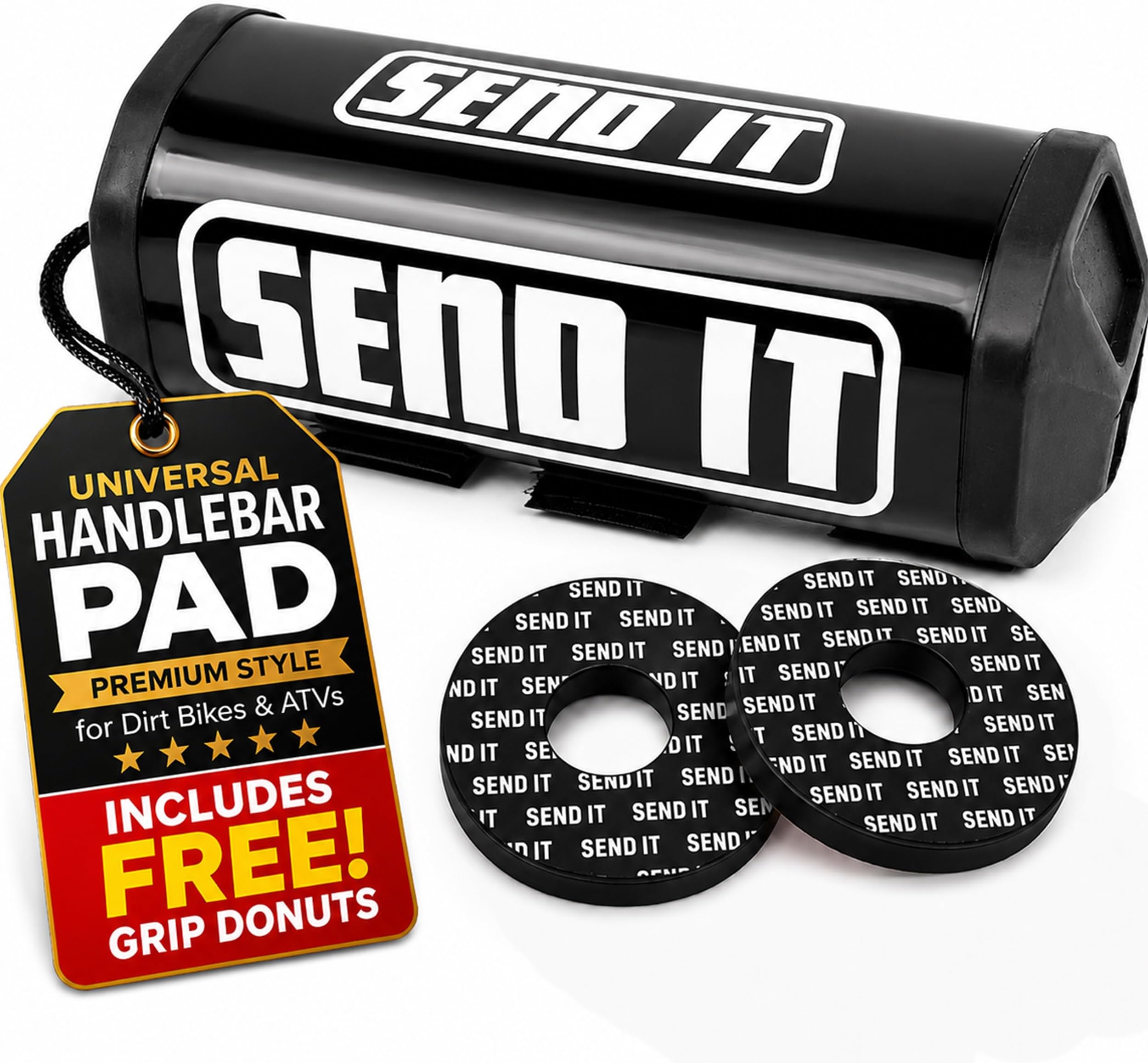 Dubbs Hardware SEND IT Bar Pad with FREE DONUTS Handlebar DIrtbike ATV Crossbar (BLACK, SQUARE)