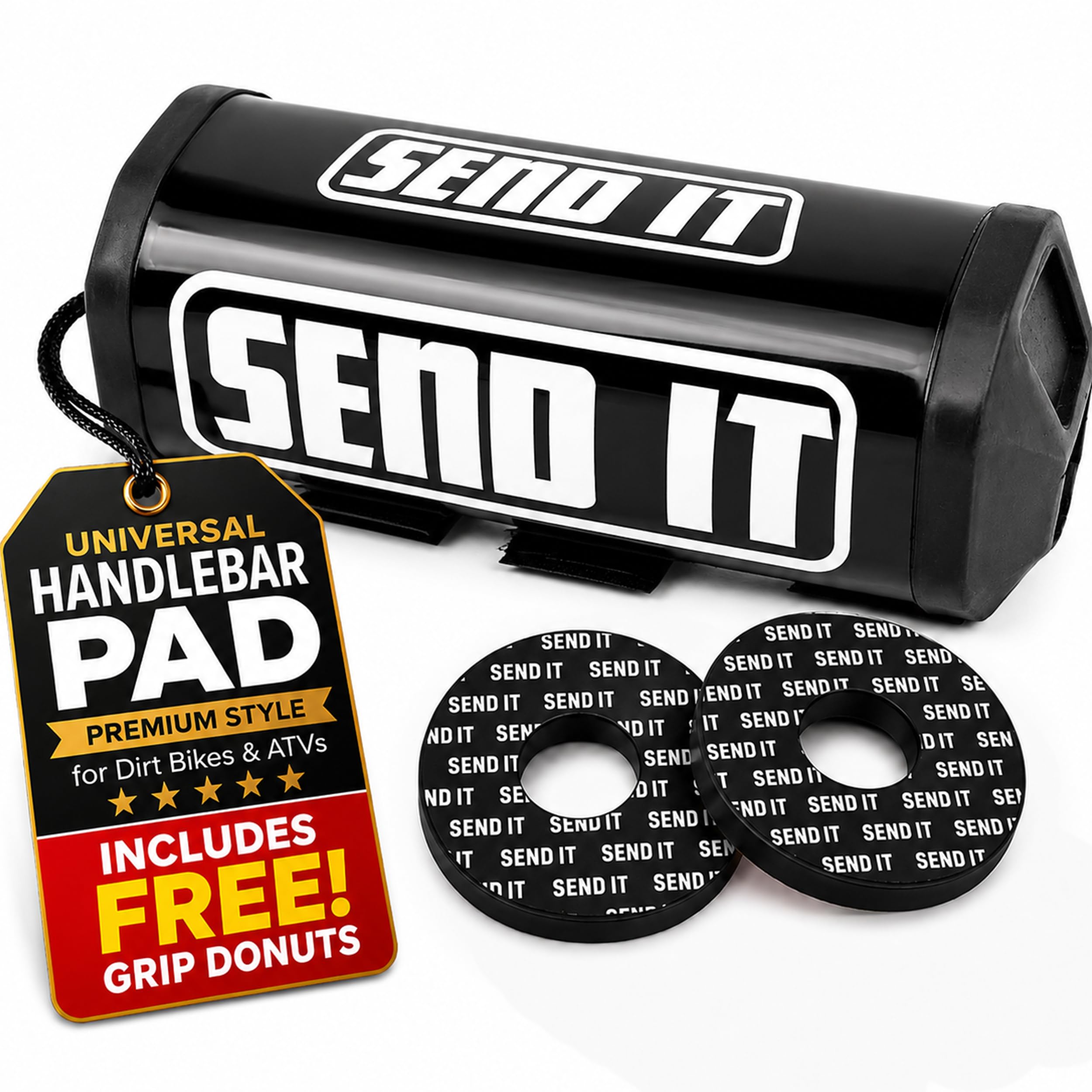 SEND IT Handlebar Pad with FREE GRIP DONUTS - Universal Fit for Dirt Bikes and ATVs Crossbar by ThrottlePak (BLACK, SQUARE)