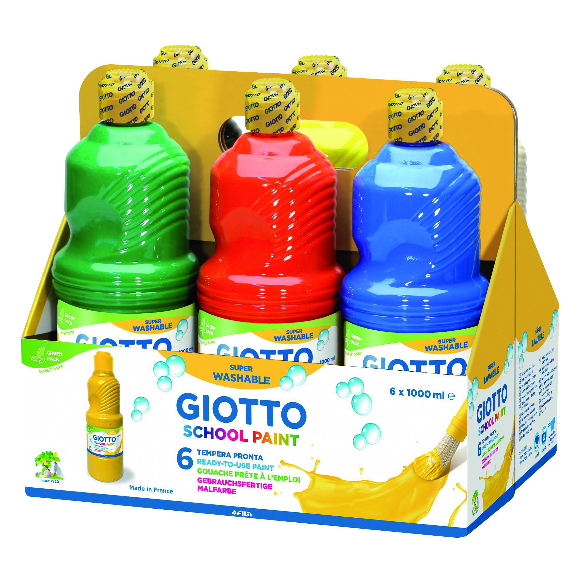 GIOTTO School Paint - Confezione Da 6 Tempere Pronte A Base D'Acqua, 1lt, Super Lavabile