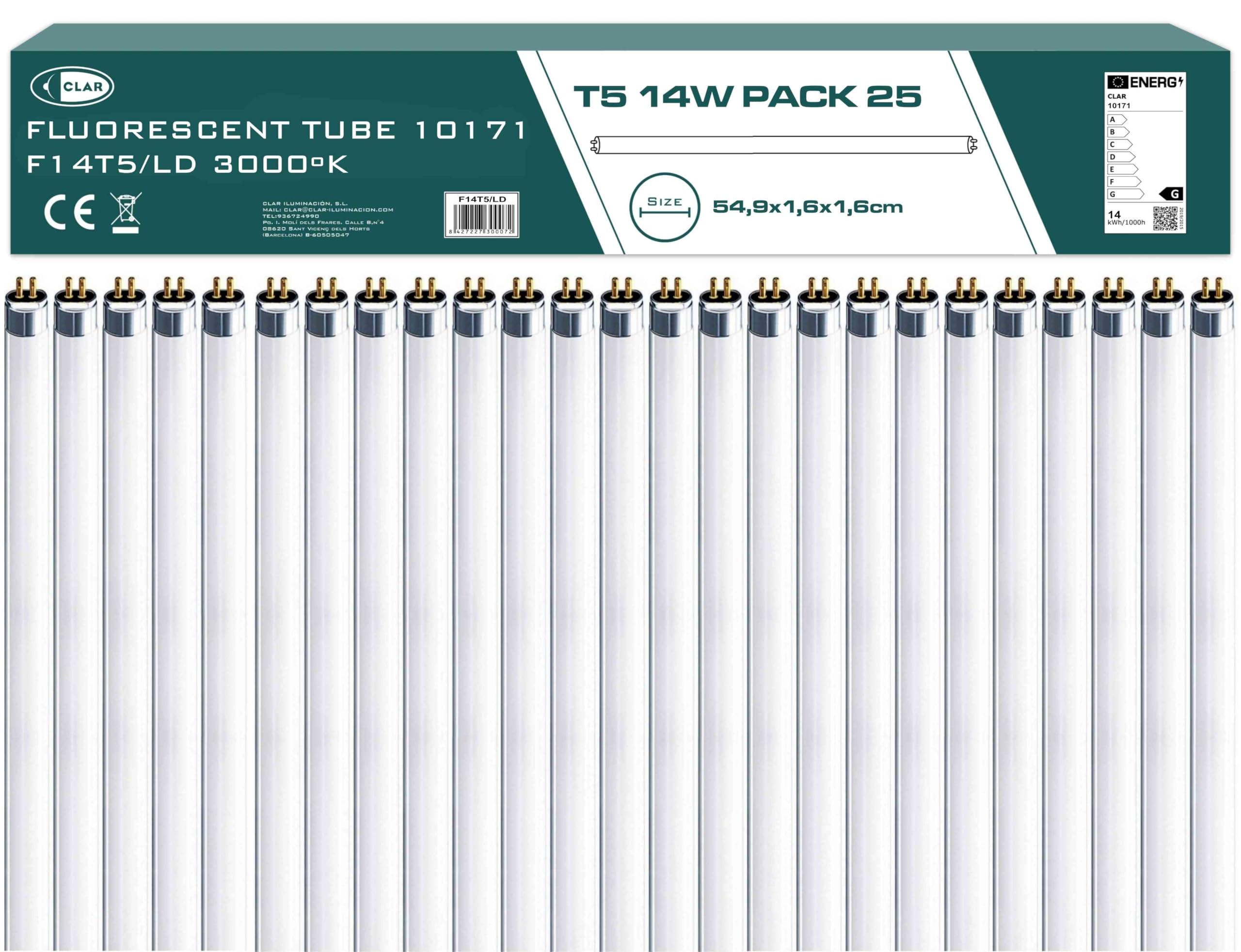 CLAR - Leuchtstoffröhre 60cm, Leuchtstoffröhren, Neonröhre, T5 14W (54,9 cm x 1,6 cm, Pack 25)