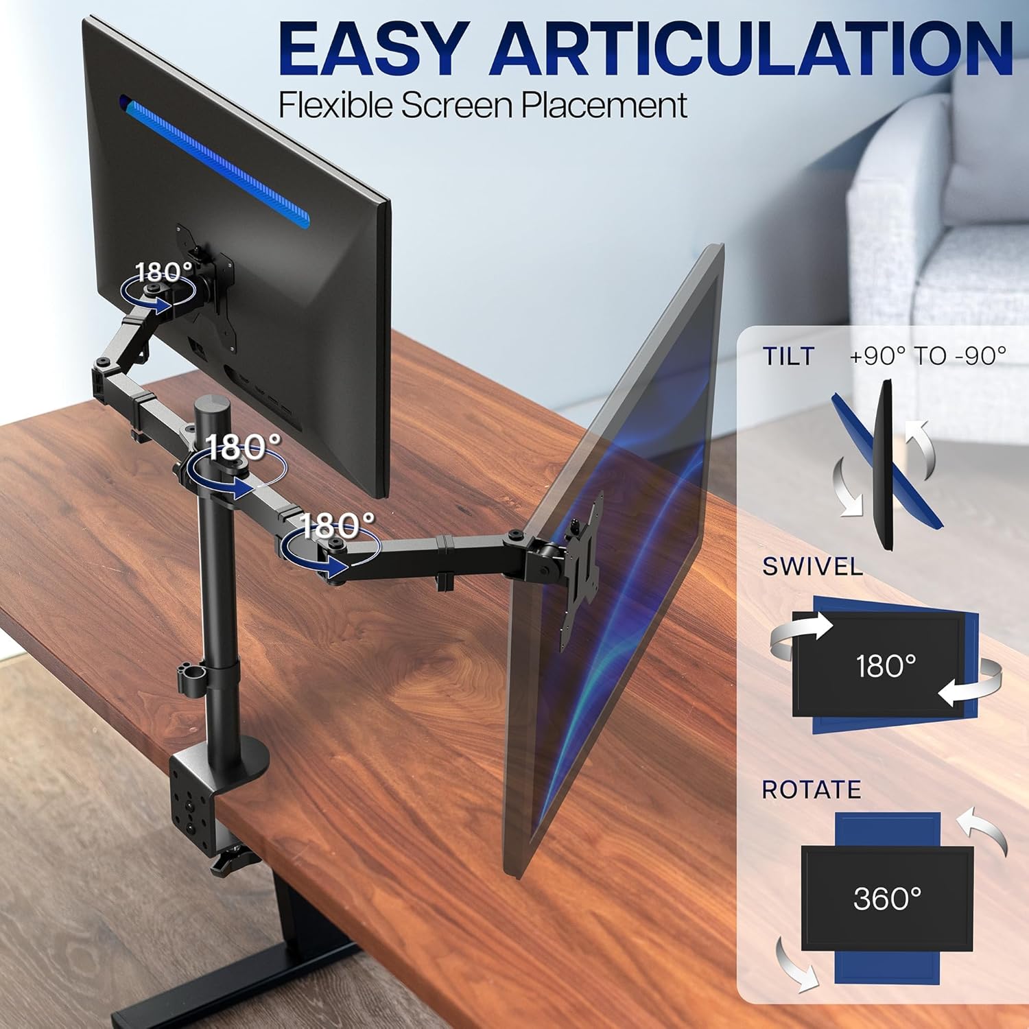 VIVO Dual Monitor Desk Mount, Holds 2 Computer Screens up to 30 inches and 22lbs Each, Heavy Duty Fully Adjustable Steel Stand with C-Clamp and Grommet, Black, STAND-V002 - Image 3