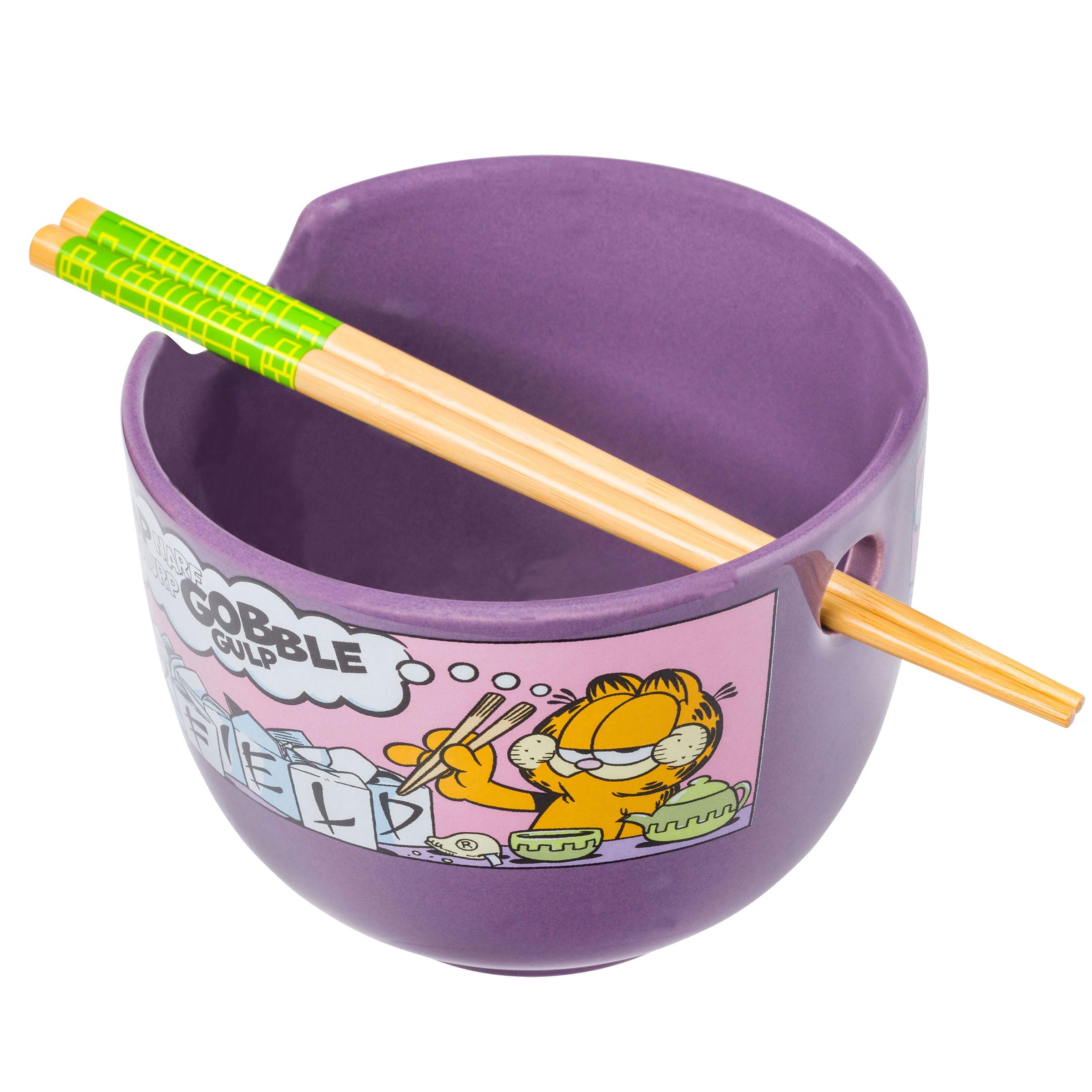 Silver Buffalo Garfield Eating Takeout Ceramic Ramen Noodle Rice Bowl with Chopsticks, Microwave Safe, 20 Ounces