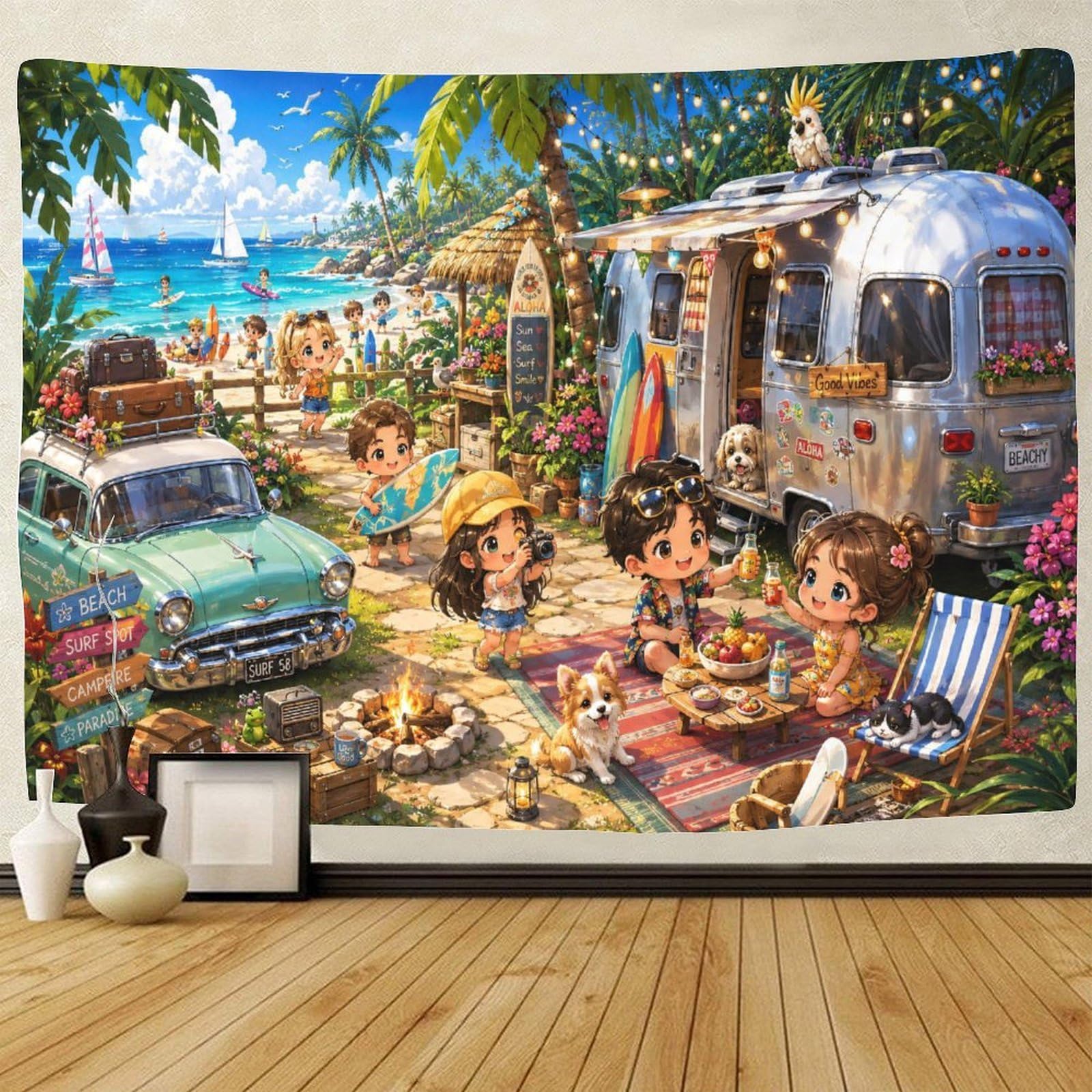 GPMNBCXZK Chibi Hawaii Beach Vacation 3D Print Tapestry for Bedroom Wall Art Decor Tapestries Poster Curtain Bedroom Dorm 70cmx100cm