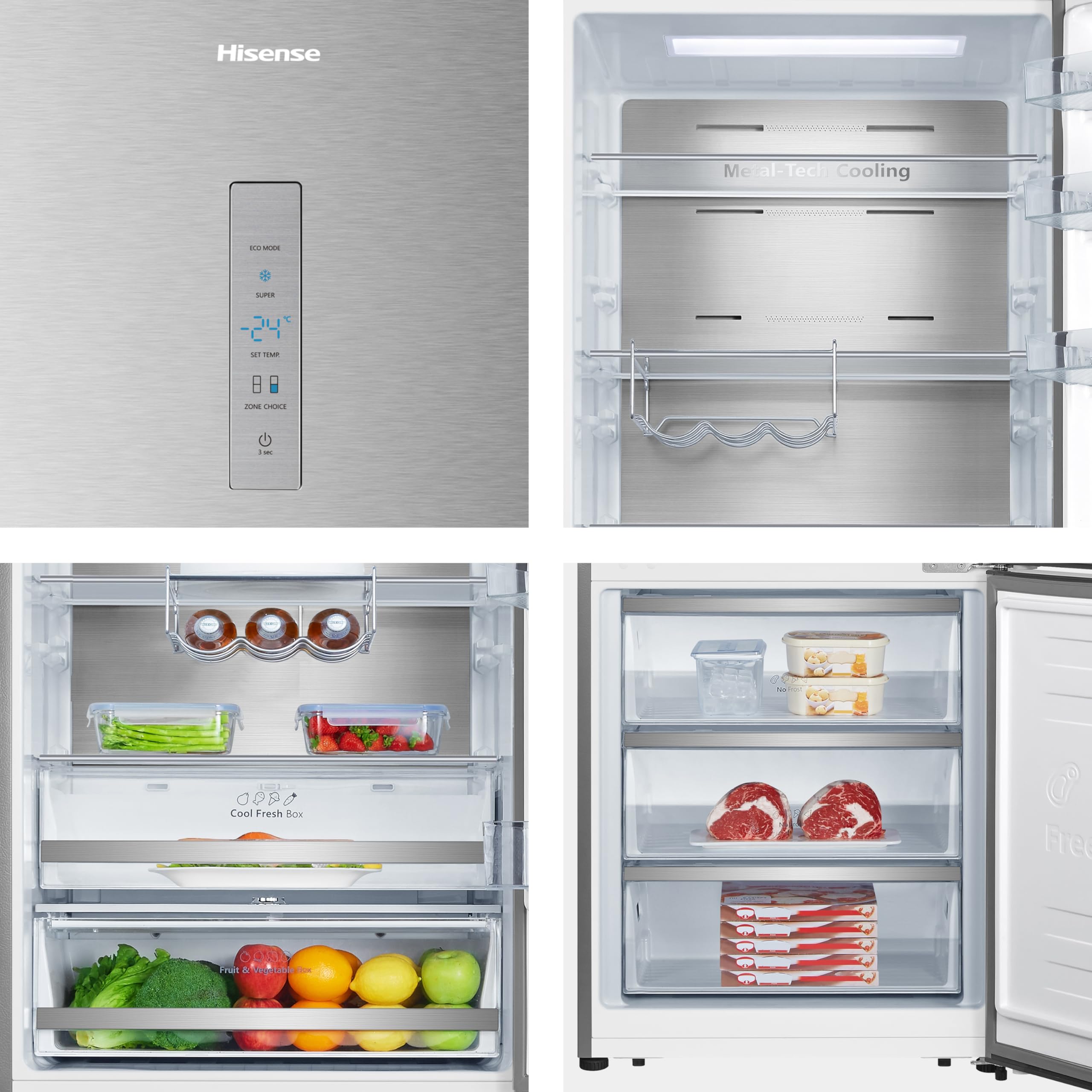 Hisense RB645N4BID Frigorífico Combi Inverter, Ancho especial 70Cm, Botellero, No Frost, 2 Metros,495Litros, Sistema de flujo de aire, Acabado Inox