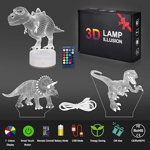 Miniatura 8 de VSATEN Dinosaur Night Light for Kids, 3D Illusion Lamp 3-Pattern & 16 Colors Changing LED Dino Nightlight with Smart Touch & Remote Control,