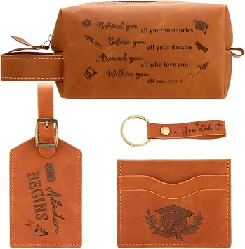 Yungyan 2026 Graduation Gifts 4 Pcs Leather Toiletry Bag Set with Keychain Luggage Tags Card Holder High School College Graduation Gift for Women Men