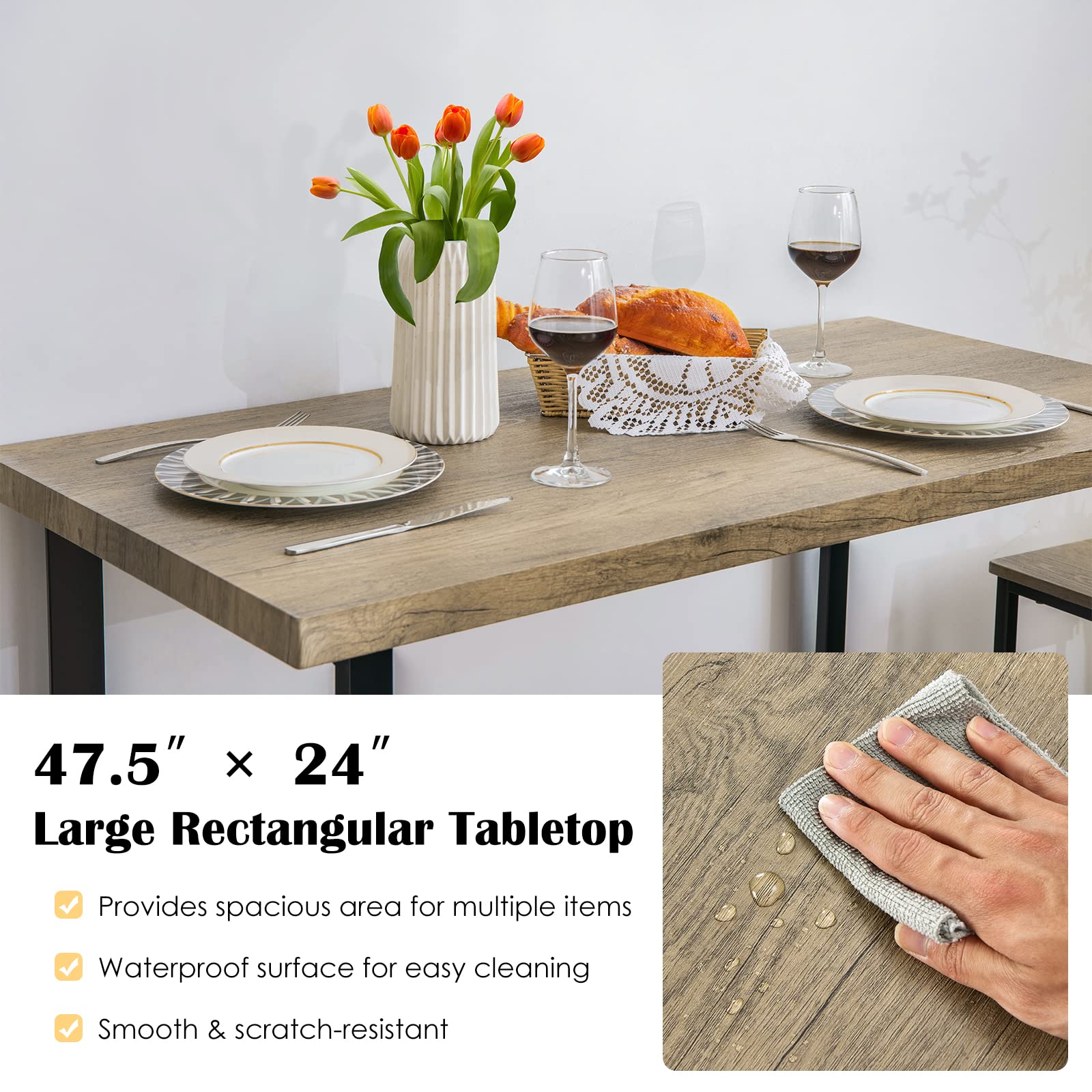 RELAX4LIFE Tavolo da Pranzo 4 Pezzi, Set Tavolo Cucina con Panca 2 Sgabelli, Tavolo da Bar con Struttura in Metallo, Gruppo Sedute per 4 Persone, Design Industriale, Rovere Grigio