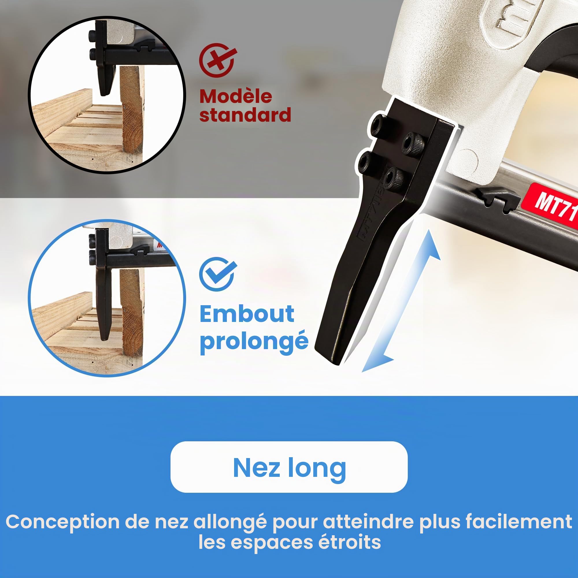 meite MT7116LN Agrafeuse Pneumatique Bec Long, Utilise des Agrafes de Type 71, Agrafes 6 à 16 mm, Couronne 9,1 mm – Pression de Travail 5-7 bar – Agrafeuse Pneumatique Pour Meubles et Travail du Bois