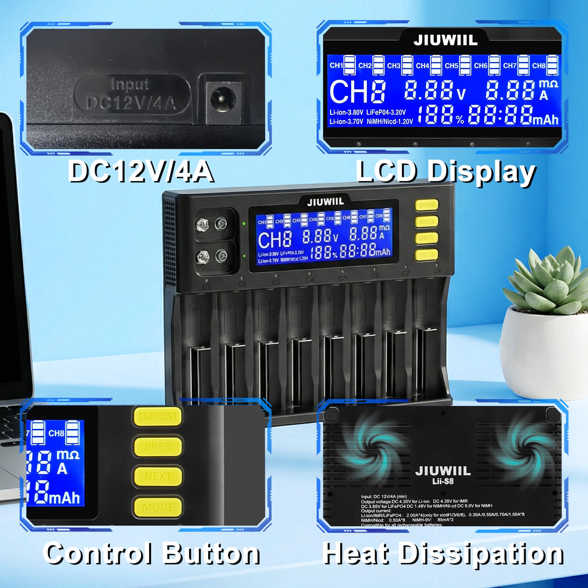 18650 Akku Ladegerät, JIUWIIL 8+2 Schacht Schnellladung Universal Akkuladegerät mit LCD-Display für Wiederaufladbare Akkus Li-Ion LiFePO4 26650 17500 16340 18650 14500 10440 & 9V