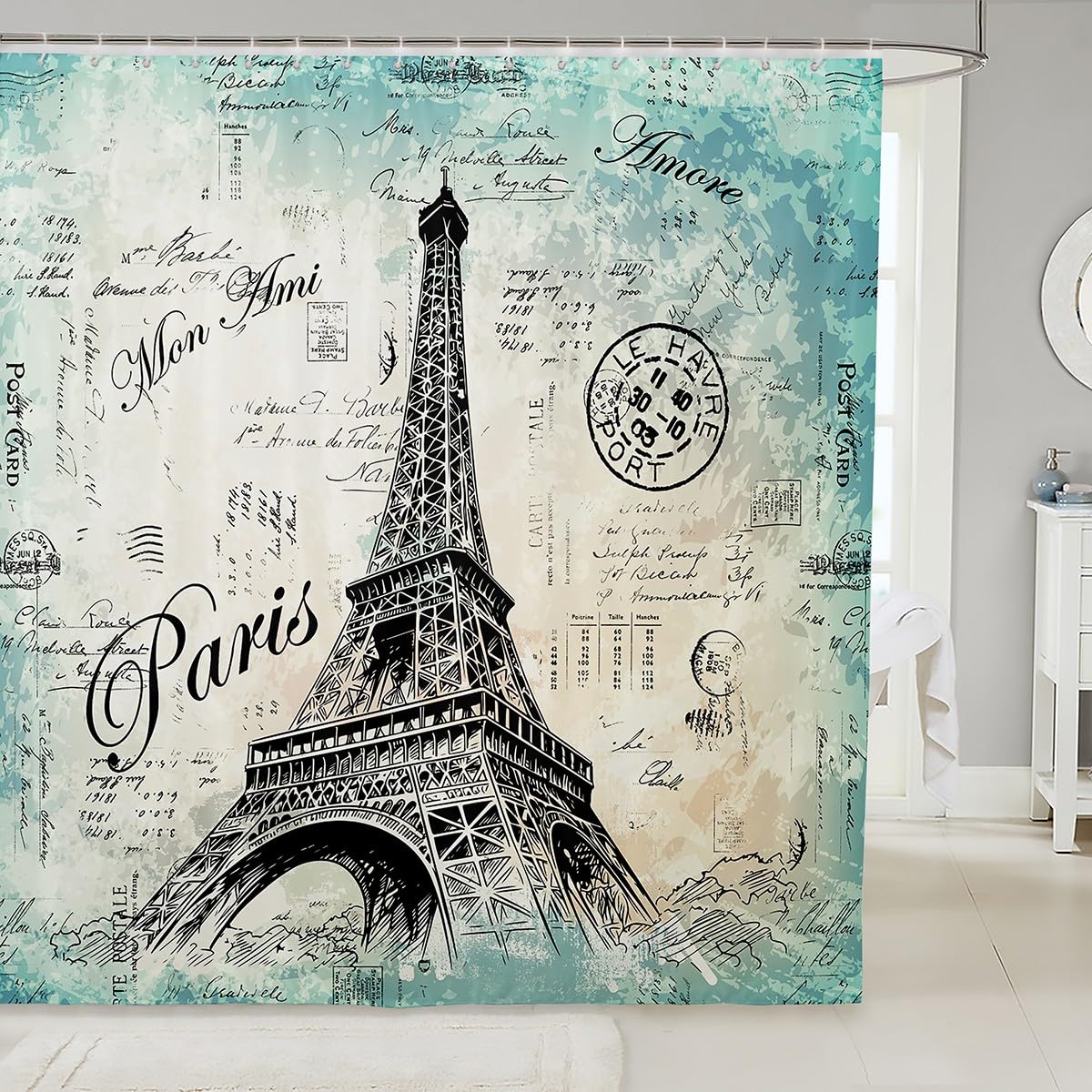 Loussiesd Eiffel Tower Bath Curtain Chic Retro Paris Theme Shower Curtain 150x180cm Kids Vintage Paris Cityscape Bathroom Curtain Bathtubs Decor French Teal Waterproof