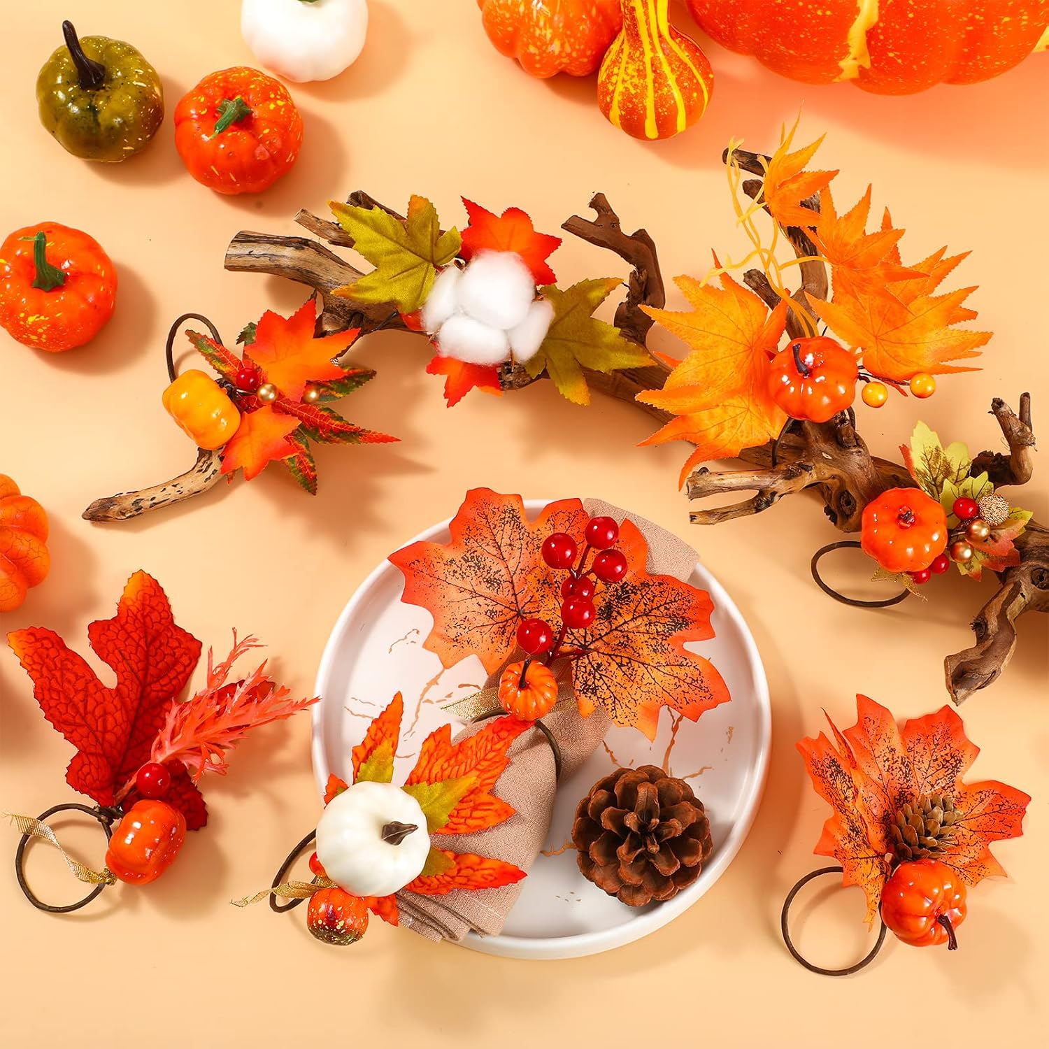 8 Pieces Fall Themed Napkin Rings Thanksgiving Napkin Ring Holder Berry Napkin Ring Harvest Maple Fruit Pumpkin Napkin Ring for Fall Gathering Thanksgiving Dinner Table Decoration(Novel Style)