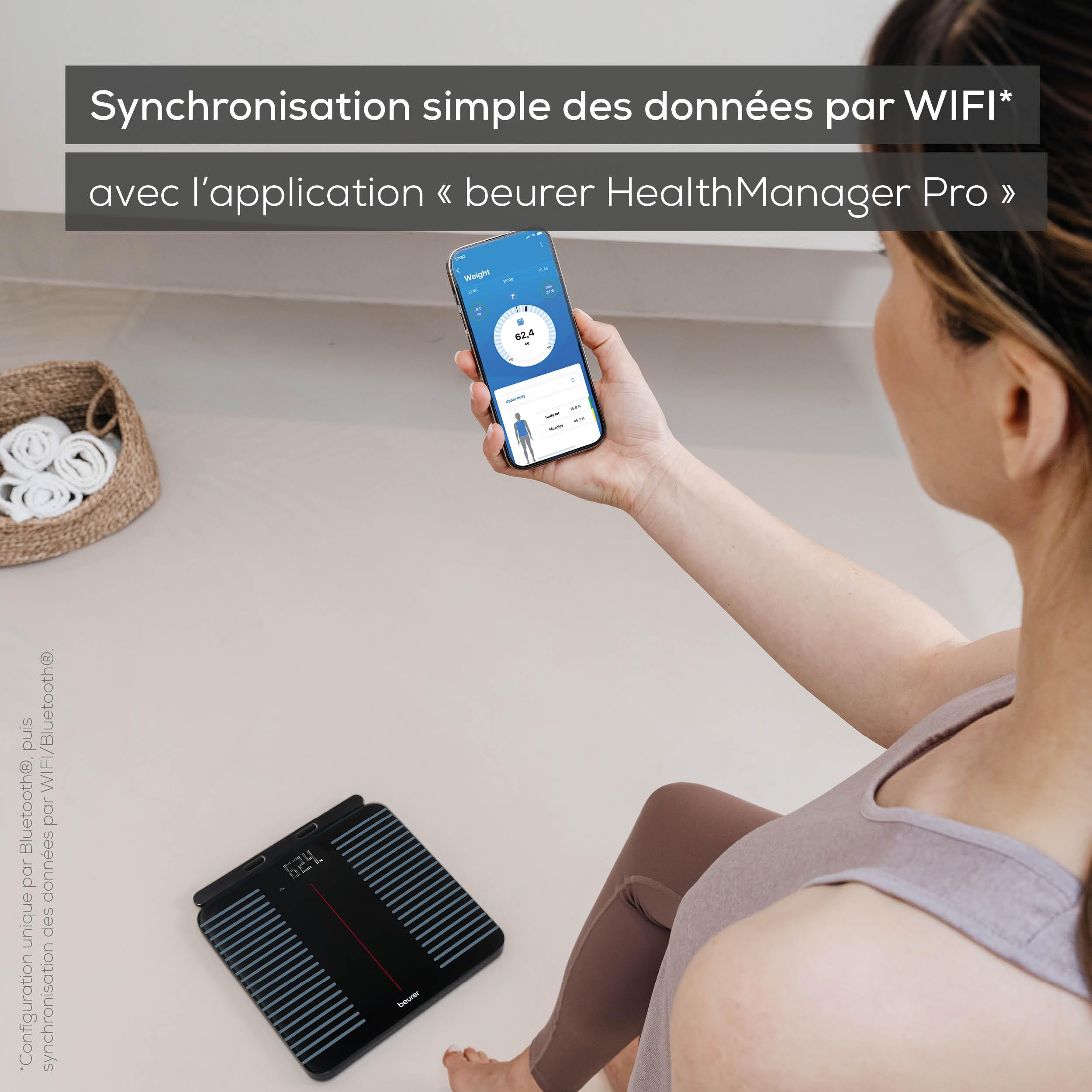 Beurer BF 990 Pèse-personne numérique avec capteurs manuels, connexion à une application via WIFI/Bluetooth, 25 valeurs mesurées, mesure croisée avec 8 électrodes, transfert vers Apple Health & co