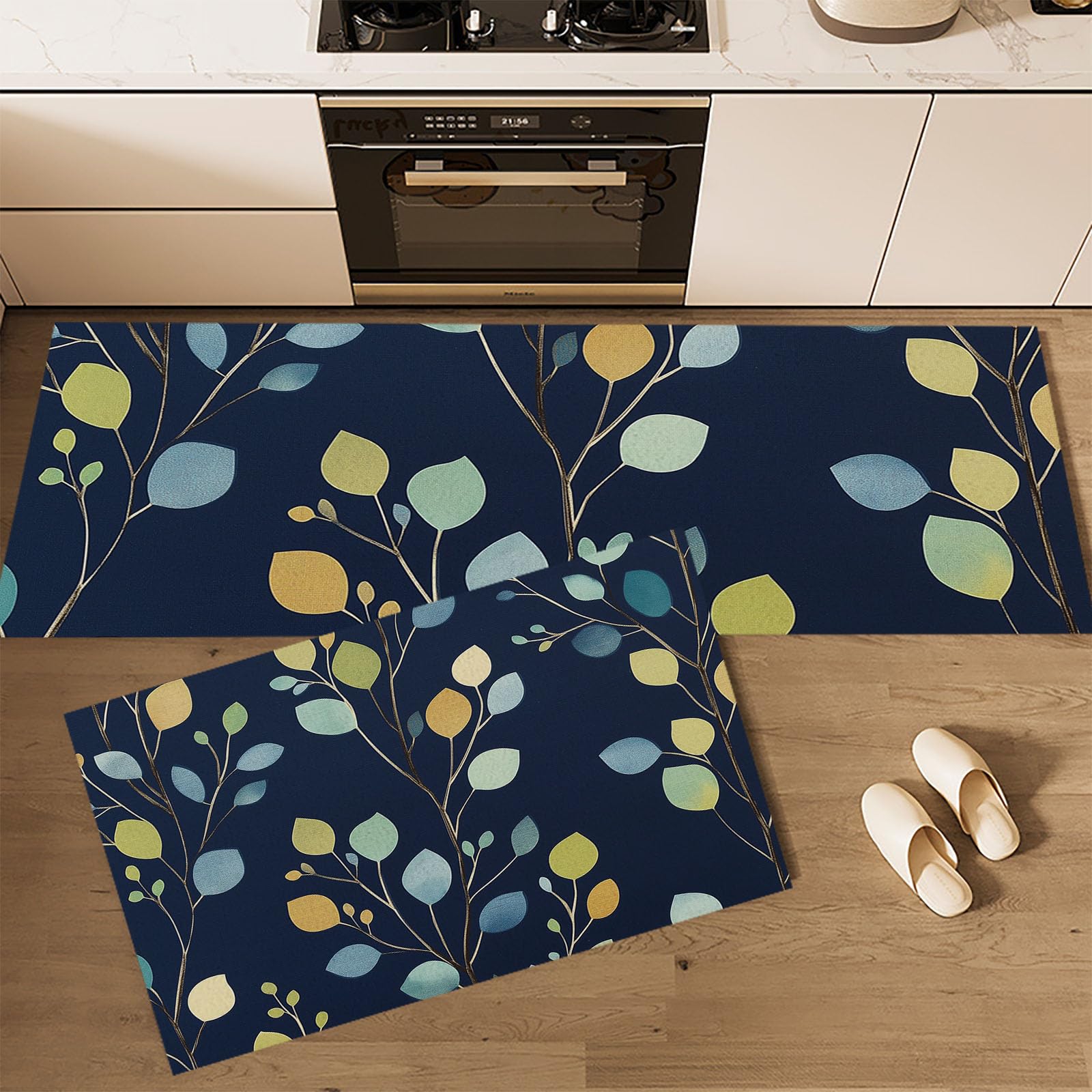CDXNORA Kitchen Mat Sets Non Slip Washable,Minimalistic Art Kitchen Rugs Runner Set Of 2 Anti Fatigue Floor Mat For Home Decoration Office Desk (Leaf Texture,40×60 Cm+40×120 Cm)