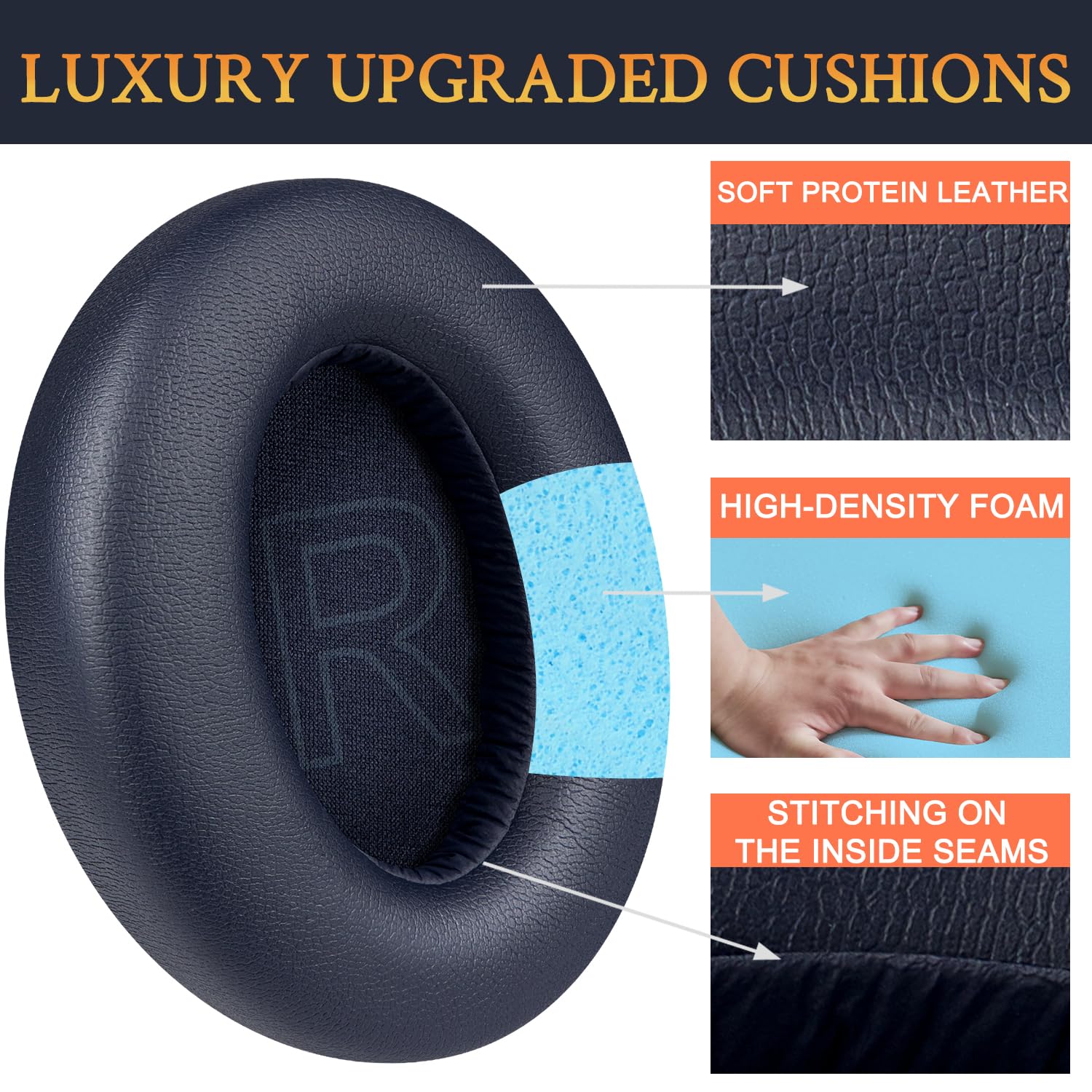 SOULWIT Ear Pads Cushions Replacement for Anker Soundcore Life 2 (Not fit Life 2 Neo)/Q20/Q20+/Q20I/Q20BT Headphones, Ear Pads with Softer Protein Leather, Noise Isolation Foam - Navy Blue — Amazon image 4