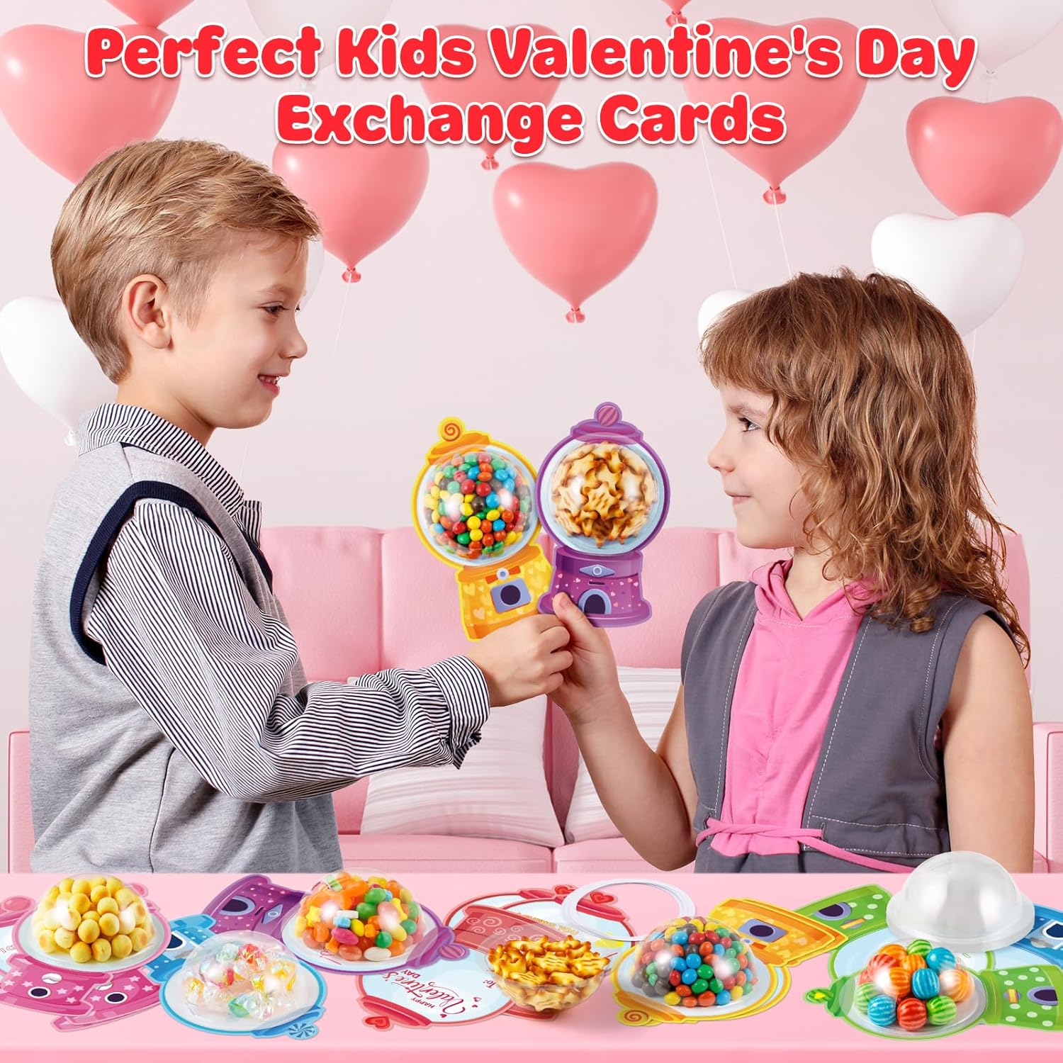 Jumlys Valentines Cards for Kids Classroom, 48 Pack Gumball Machine Valentines Candy Card Set, DIY Valentine Exchange Cards with Plastic Domes, Ideal Valentines Day Gifts for Boys Girls School