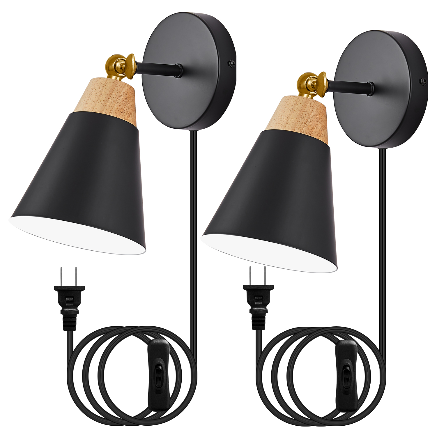 Image of Wall Sconce Set of 2, Wall Sconce with Metal Shade, Plug Switch, Indoor Decor Wall Mount Swing Arm Lamp for Bedroom,Hallway,Living Room,Reading, Black
