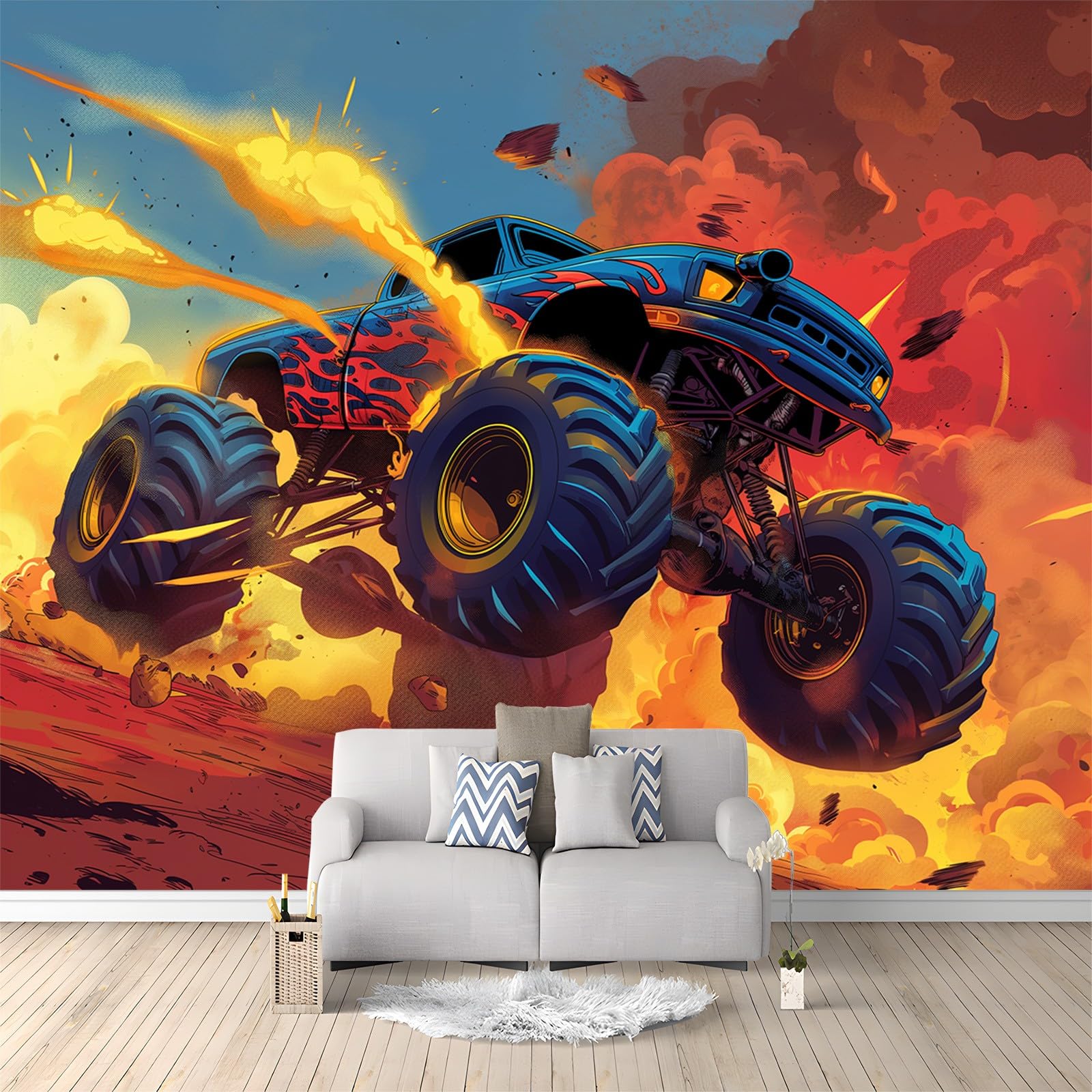 Mural papier peint intissé géant camion de flammes 300x210 cm décoration chambre garçon