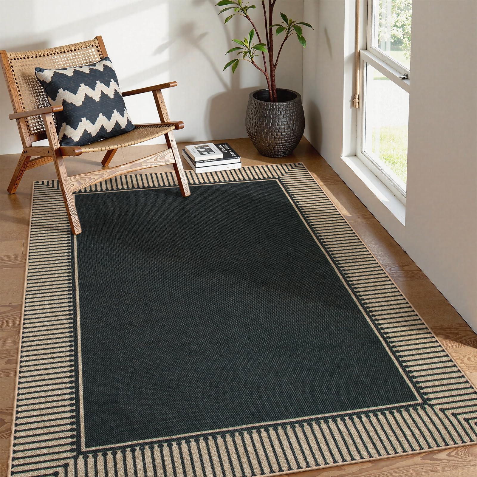 Moynesa Striped Border Easy Jute Outdoor Rug 5x7 Area Rugs for Living Room, Washable Indoor Outdoor Patio Rug Non Slip Low Pile, Black Farmhouse