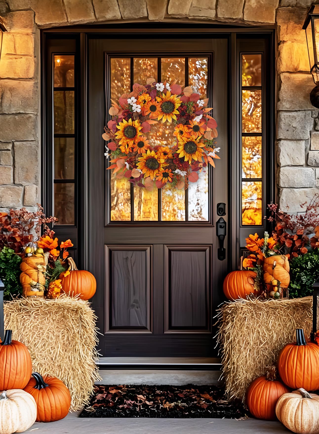 Künstlicher Herbstkranz 61 cm mit Sonnenblumen & Dahlien – Türkranz mit Eukalyptusblättern, Beeren & Zapfen – Handgemachte Herbstdeko für Tür, Wand & Innenraum