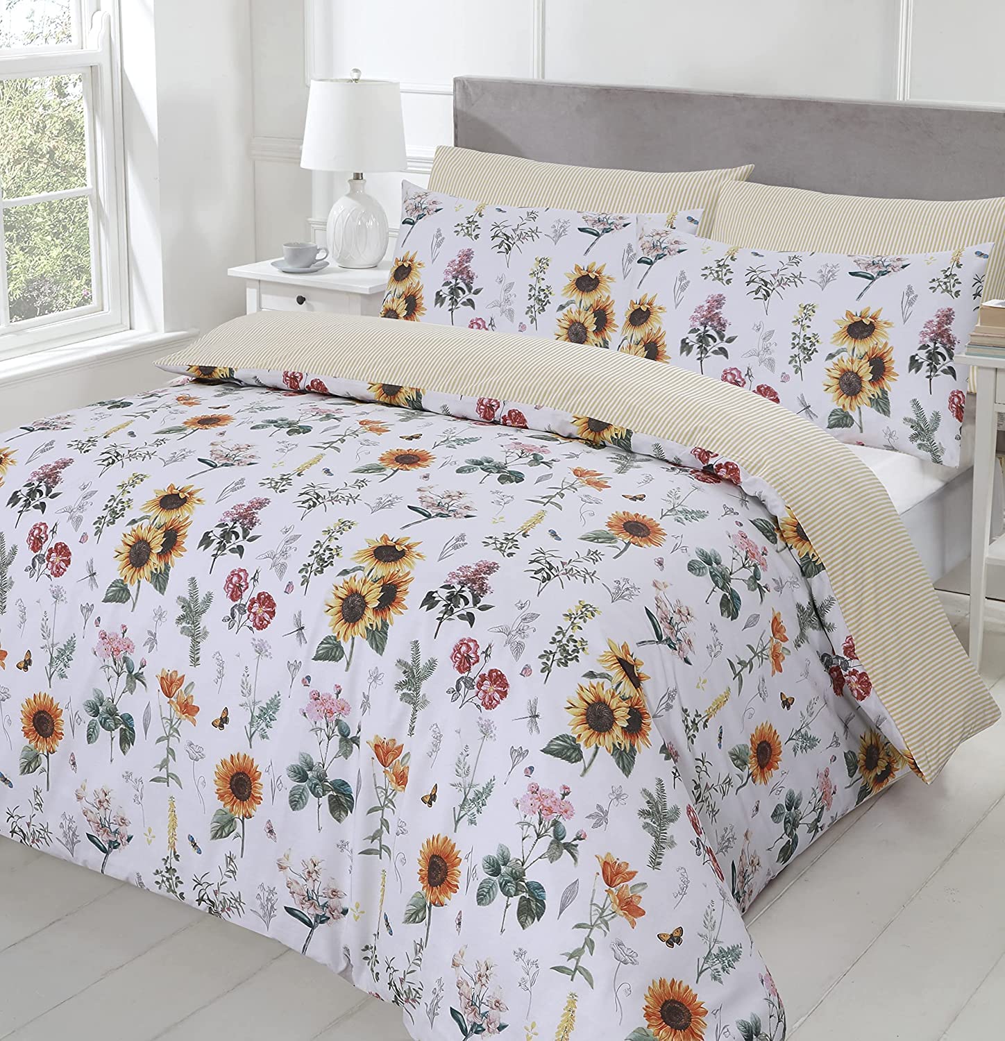 Night Comfort Floral Print - Sunflower King Size Duvet Cover Sets – Modern Printed Polycotton Duvet Cover With 2 Pillowcovers – Easy Care Bedding Set
