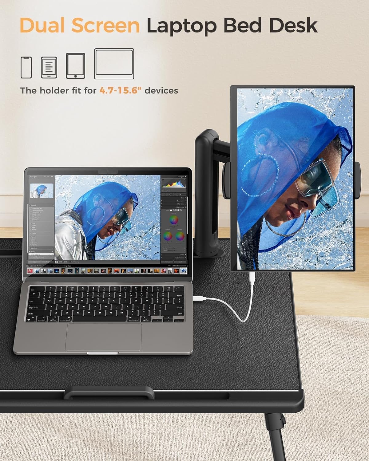 SAIJI Dual Screen Laptop Bed Desk | Foldable Adjustable Lap Desks for Adults, X-Large Couch Bed Tray Table with Portable Monitor Stand and Drawer - Image 2