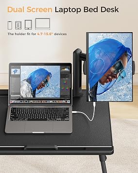 SAIJI Laptop Bed Table for Dual Screens, Lap Desk with Monitor Stand | Height/Angle Adjustable, Foldable & Portable, Soft Leather Surface, Spacious Legroom, with Drawer & Tablet Slot, X-Large
