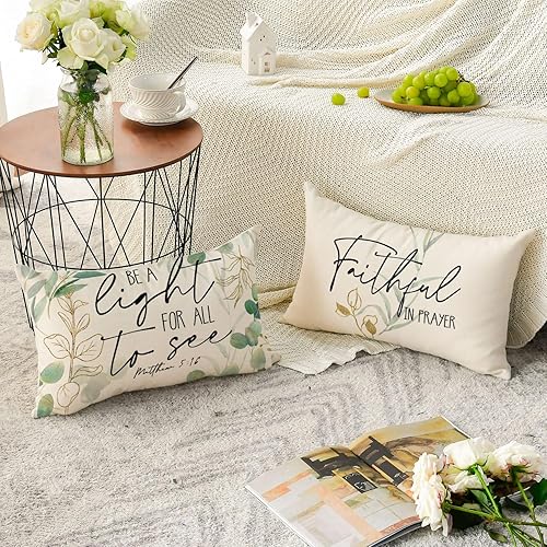 Miniatura 4 de AVOIN colorlife Juego de 4 fundas de almohada de hojas de eucalipto, 12 x 20 pulgadas, diseño de hojas verdes Be A Light for All to See Spring