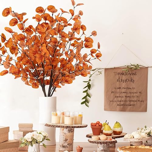 Miniatura 10 de unlemoni 6 tallos de hojas artificiales de eucalipto de otoño, decoraciones de otoño, ramas de eucalipto falsas de seda, hojas de otoño para