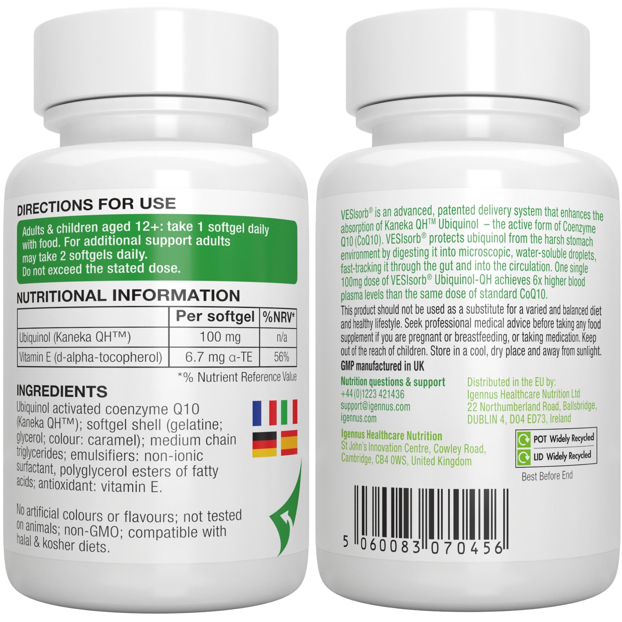 Igennus Vesisorb Ubiquinol Kaneka CoQ10 100mg Absorption Maximale 30 Molles | Biodisponibilité 600% Supérieure, Formule Hydrosoluble à Action Rapide