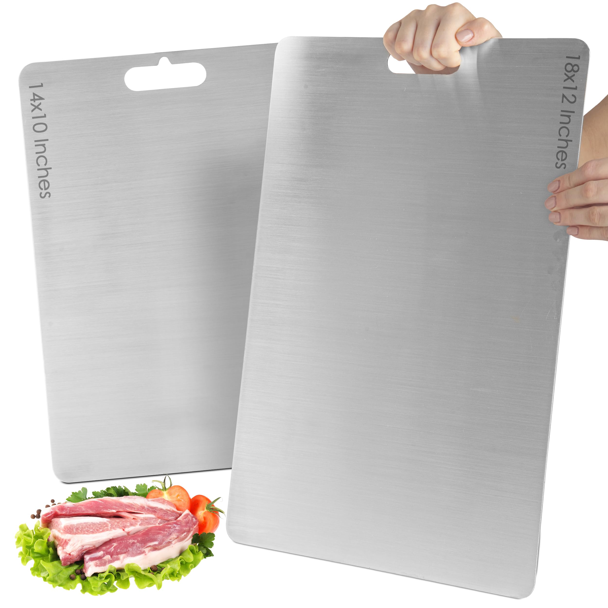 Juego de 2 tablas de cortar de acero inoxidable para cocina, tabla de cortar de metal de 18 x 12 pulgadas y 14 x 10 pulgadas, 1.5 mm de grosor, tabla de cortar inoxidable de doble cara