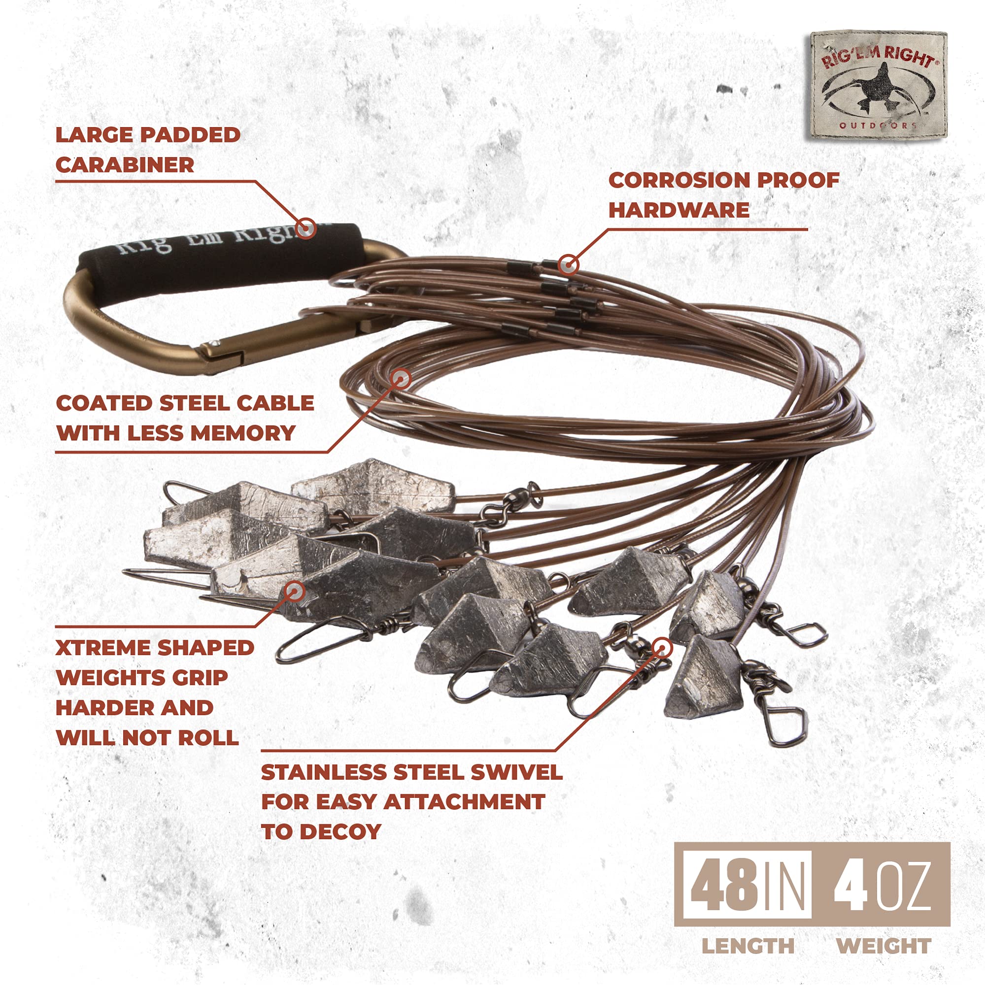 Rig'Em Right Waterfowl Pre-Rigged Xtreme Coated Tangle Free Cable Decoy Anchors for Duck Hunting (48