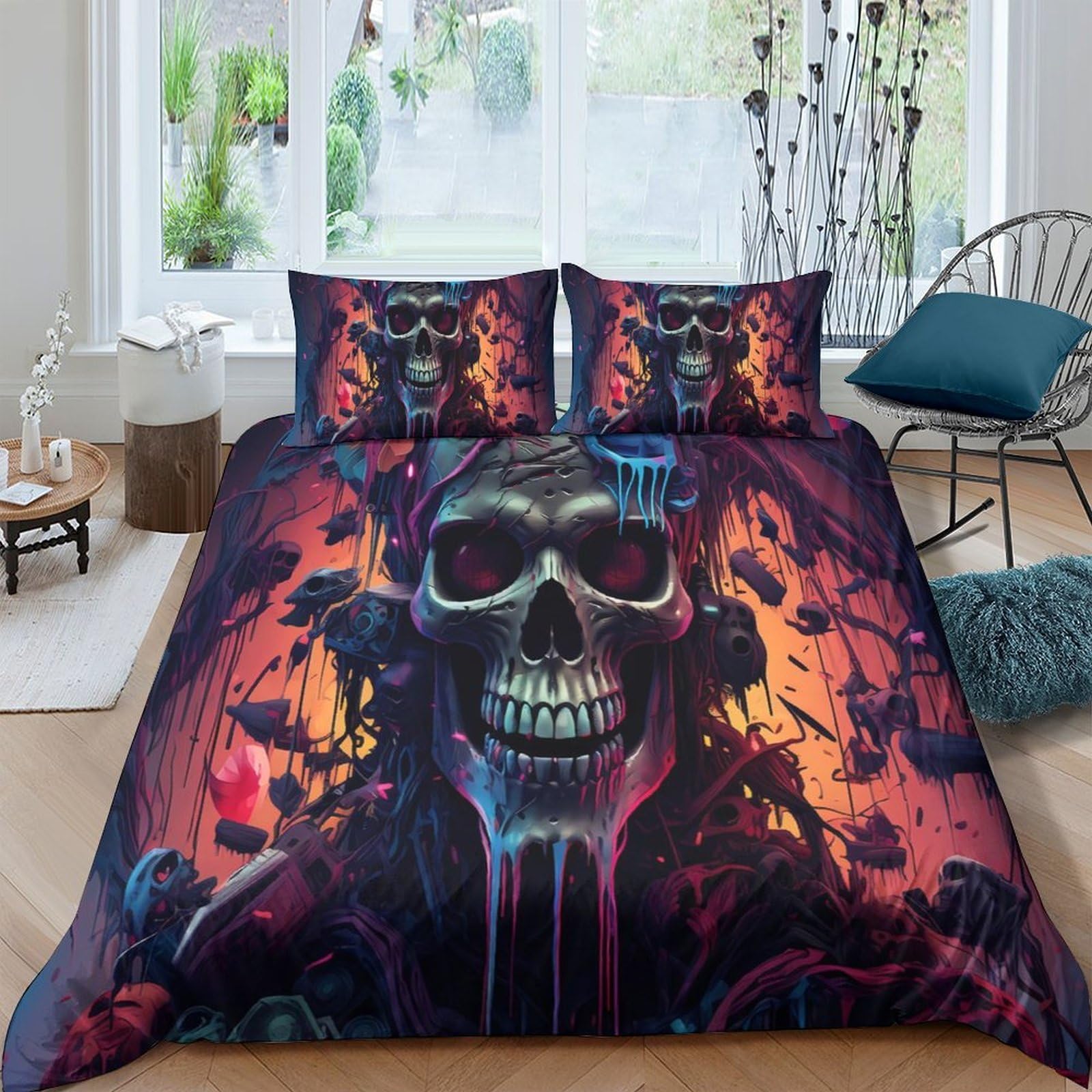 Ctjqhvkz Style-4 3D Printed Skull Flame Fitted Sheet Microfiber Bedroom Decor Gothic Mattress Cover For Home Dorm Protection Single（135X200cm）