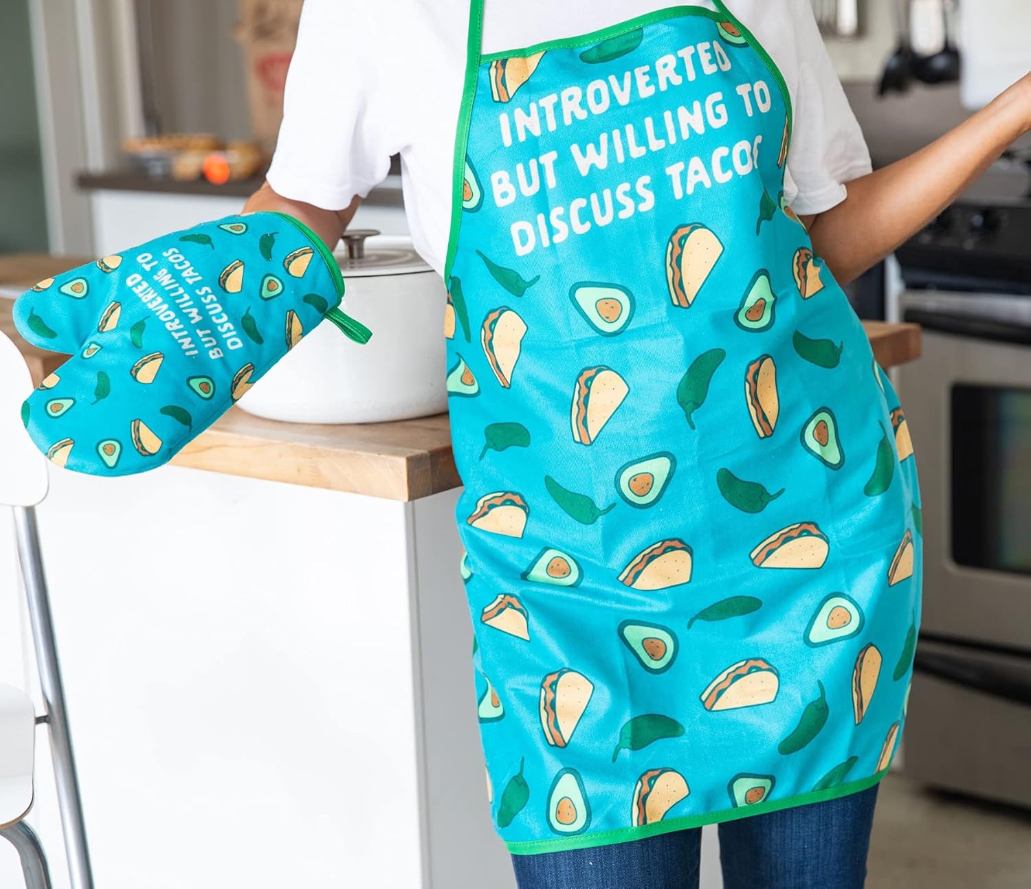 Crazy Dog T-Shirts Introverted But Willing to Discuss Tacos Funny Cinco De Mayo Graphic Kitchen Accessories Funny Graphic Kitchenwear Cinco De Mayo Cool Food Novelty Discuss Oven Mitt + Apron