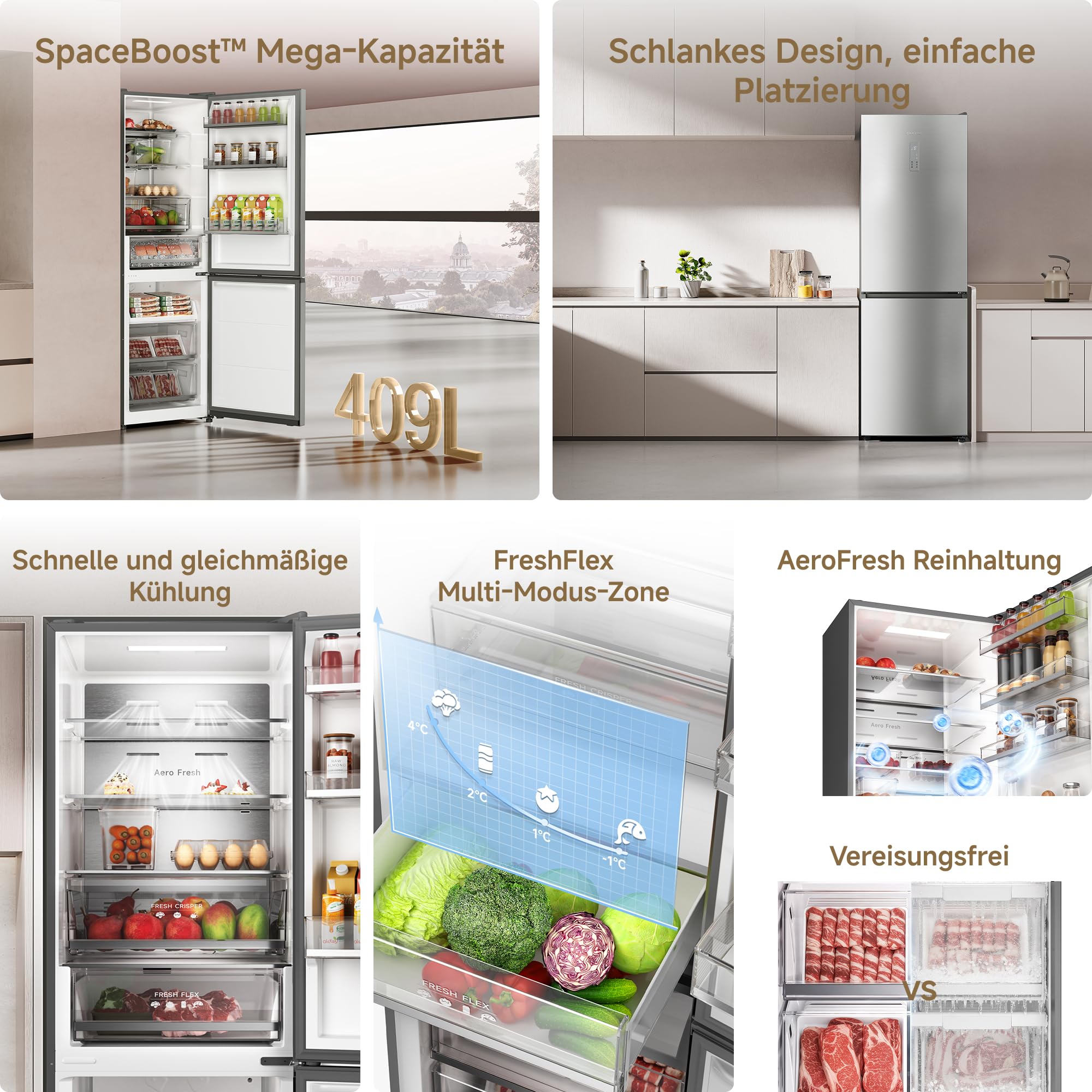 dreame Mega Pro 409 L Kühlschrank mit SpaceBoost Mega-Kapazität, schlankem Design, schneller und gleichmäßiger Kühlung, FreshFlex Multi-Modus-Zone, AeroFresh Reinhaltung und vereisungsfreier Funktion