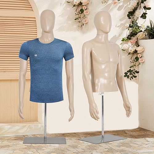 Miniatura 2 de Maniquí de costura masculino de 42 a 59 pulgadas, maniquí de medio cuerpo ajustable de altura con base de metal, maniquí al por menor para ropa de
