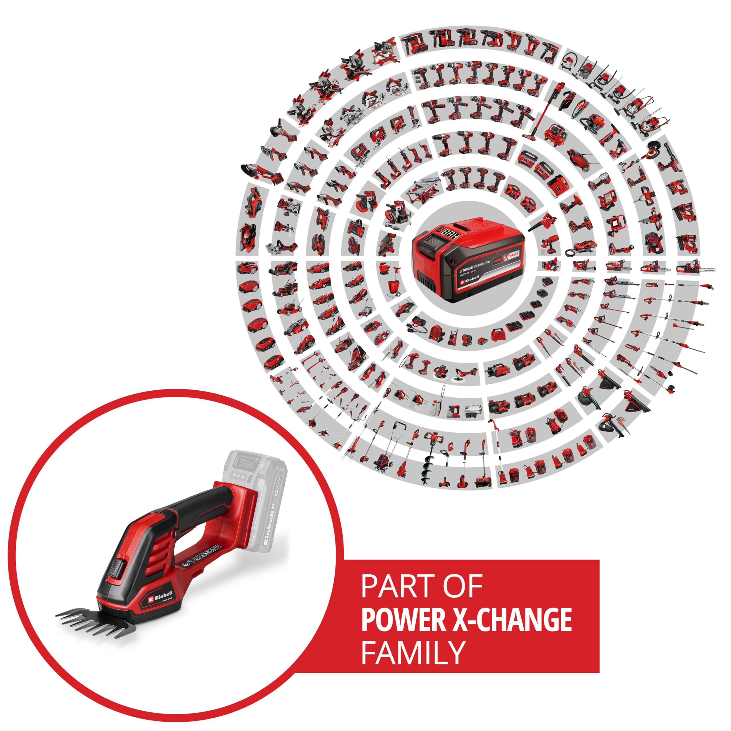 Cesoie per erba e cespugli a batteria Einhell GE-CG 18/100 Li - 3 in 1-Solo Power X-Change (18 V, incl. lama tagliaerba 100 mm, cesoie per arbusti 200 mm, testina a rastrello, senza batteria)