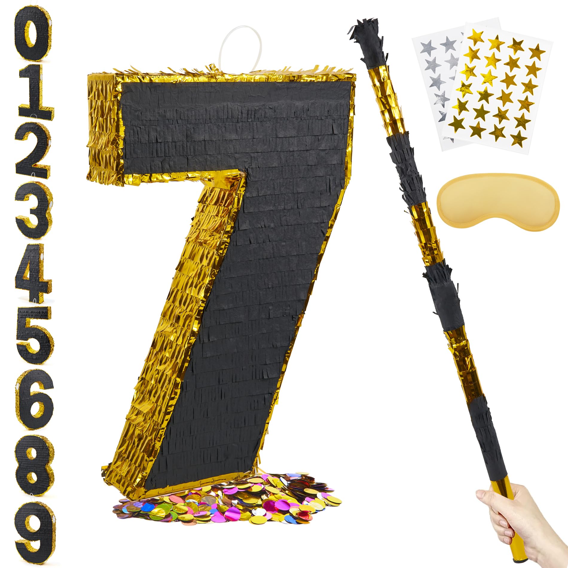 PCFING 20 Inch Number 7 Piñata Gold Black with 30 Inch Piñata Stick Blindfold Confetti for Man Women Kids Birthday Party Decorations, Anniversary Celebration, Fiesta