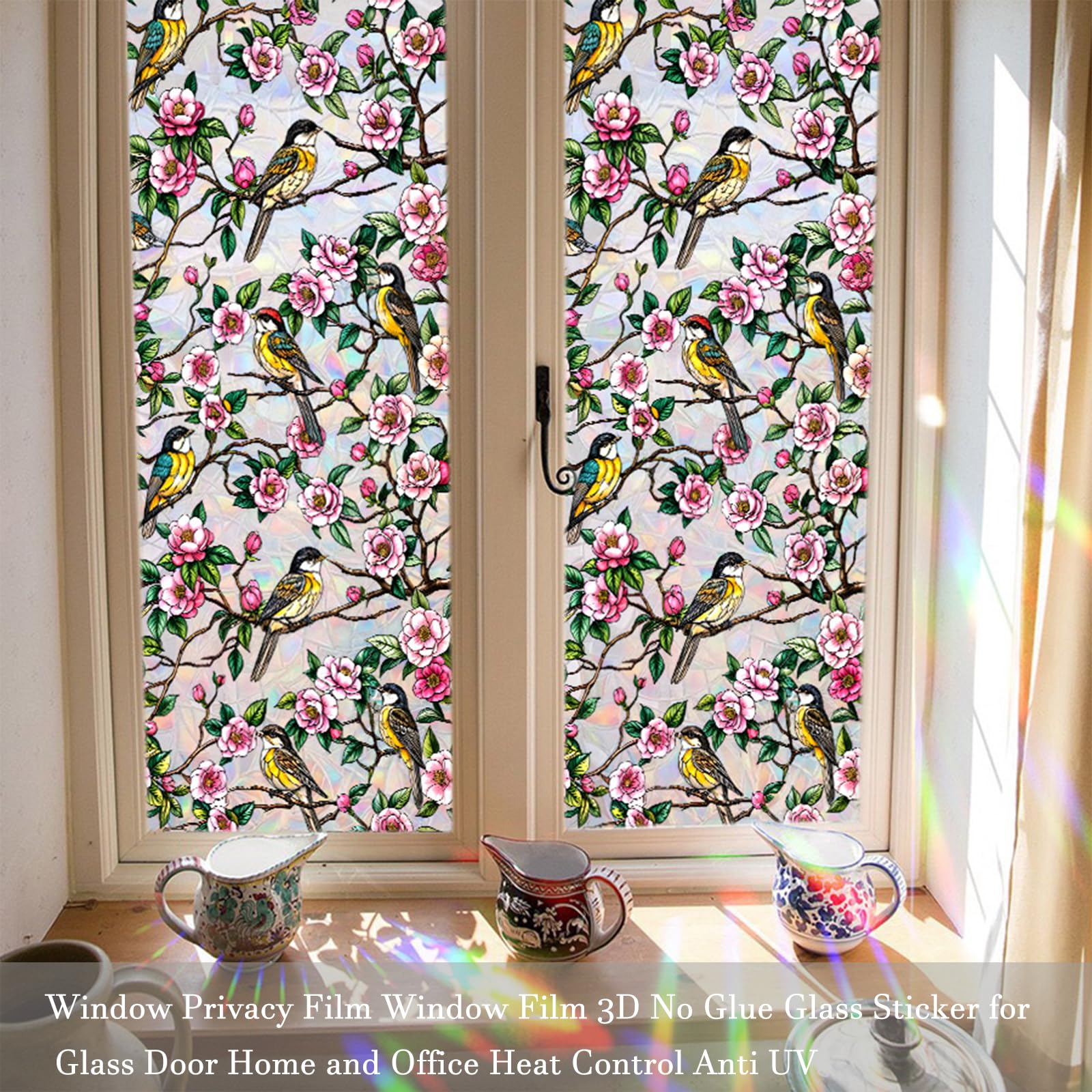 HFhyxin Stained Glass Window Privacy Film, UV Blocking Glass Clings, Hummingbird Rainbow Static Cling Non-Adhesive Window Vinyl Stickers for Home Door 17.7