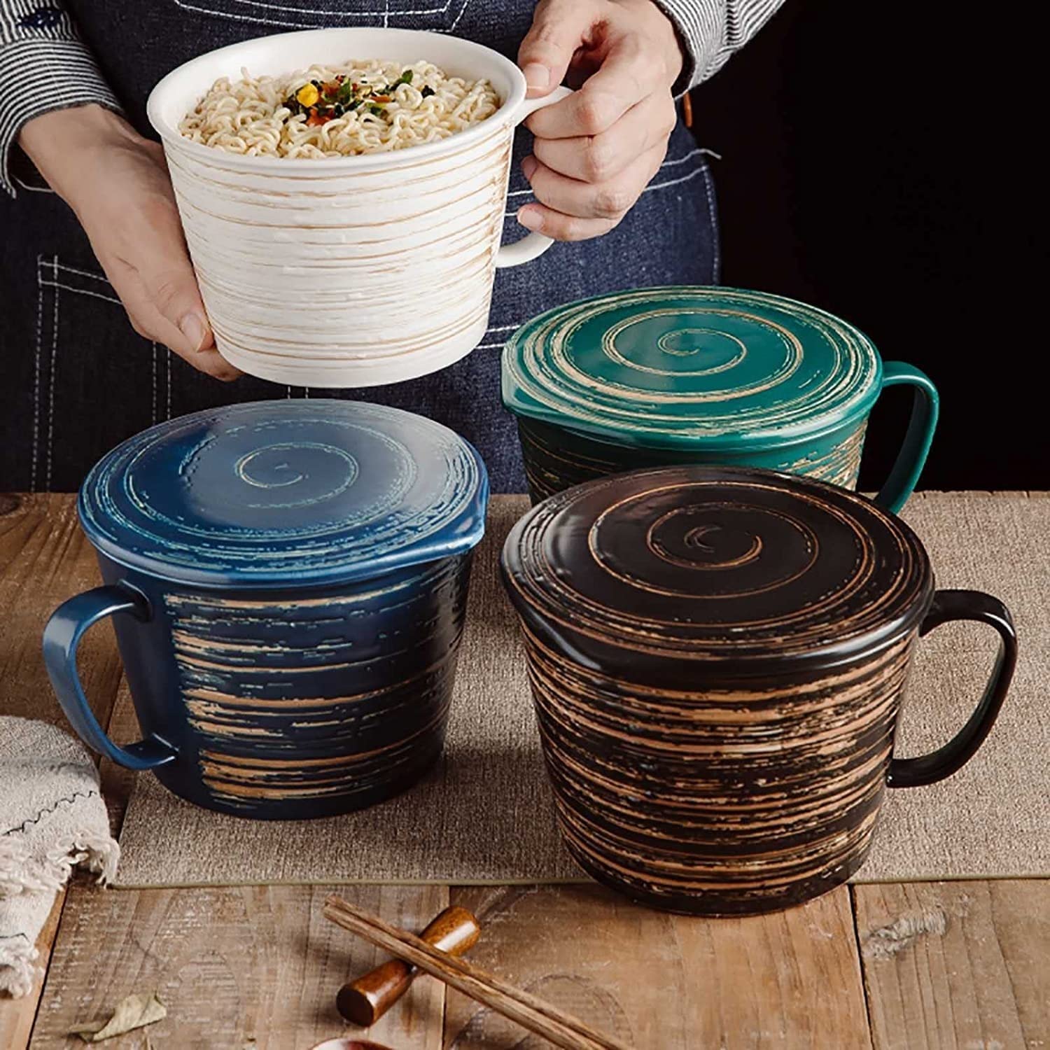 Uchwyt do kubka do zupy, miska do zupy, eleganckie ceramiczne miski do zupy z łyżką, 26 uncji, duża ręcznie malowana miska do zupy cebulowej z uchwytem, ​​śniadanie, owsianka, sałatka, płatk