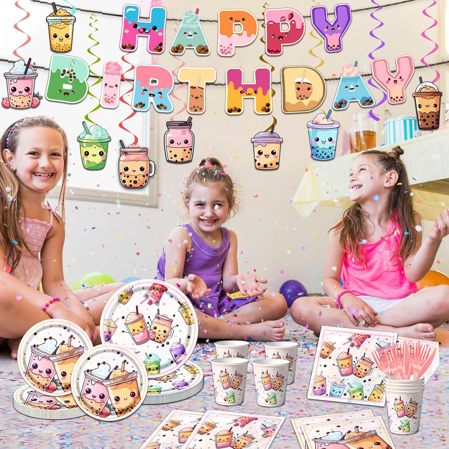 Boba Tea Party Decorations,Bubble Tea Birthday Tableware Set Include Boba Tea Plate Napkins Cups Banner Tablecloth and Boba Tea Hanging Swirls for Boba Birthday Party Decorations