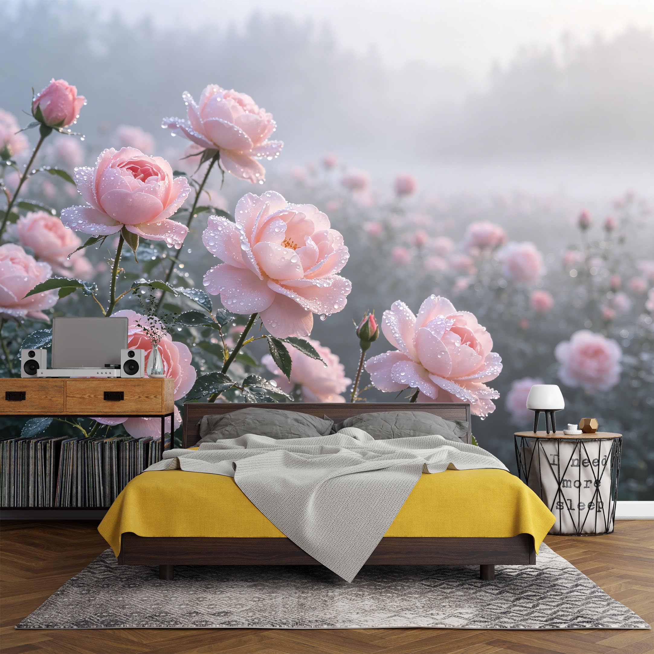 Custom Size Wall Mural Pink Rose Flowers Morning Mist Dew Drops Botanical Watercolor SelfAdhesive Art Prints wall Fabric（No PVC） Removable Wallpaper Living Room Decor